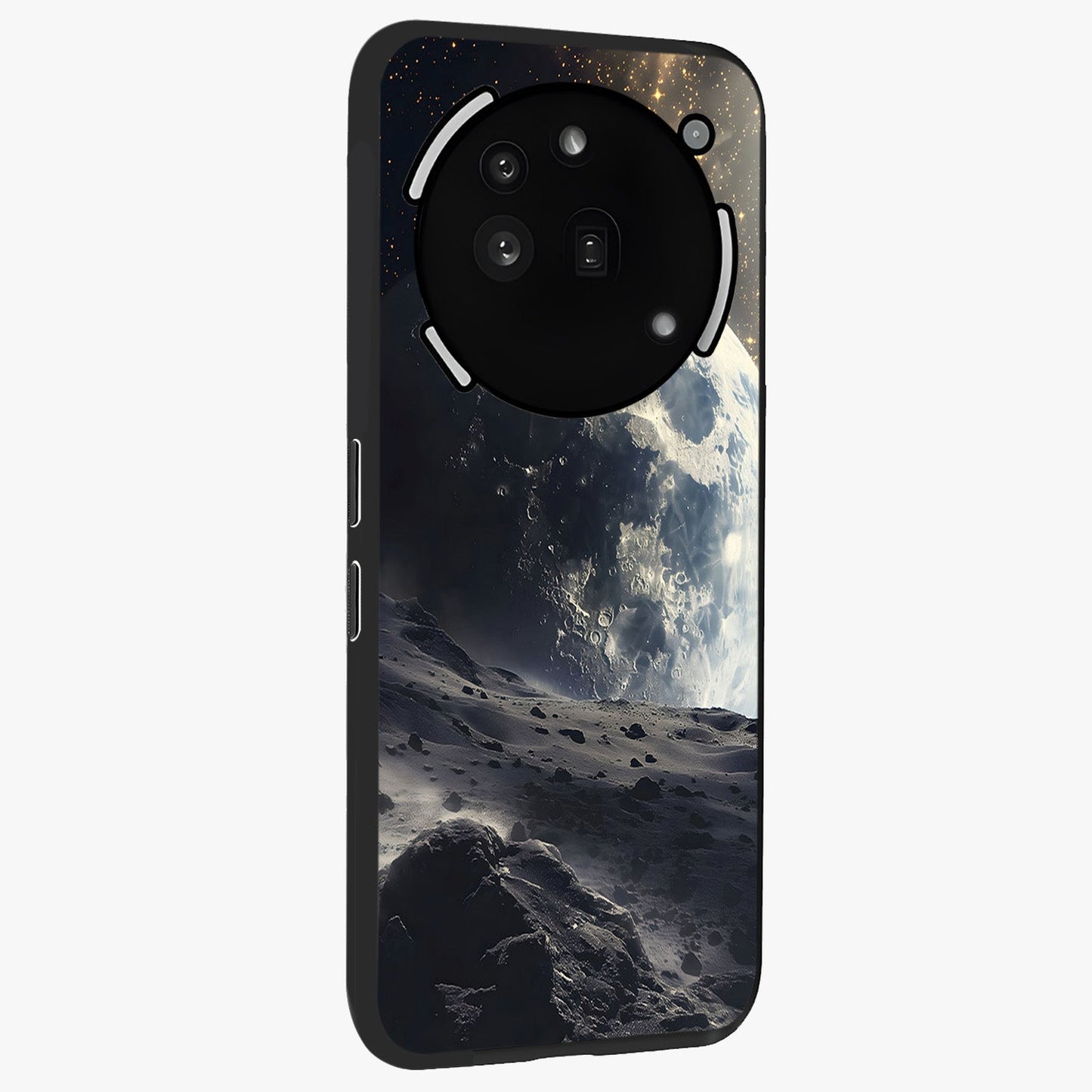 Lunar Horizon Glow Glass Case upright view showcasing radiant lunar artwork with calm cosmic theme.