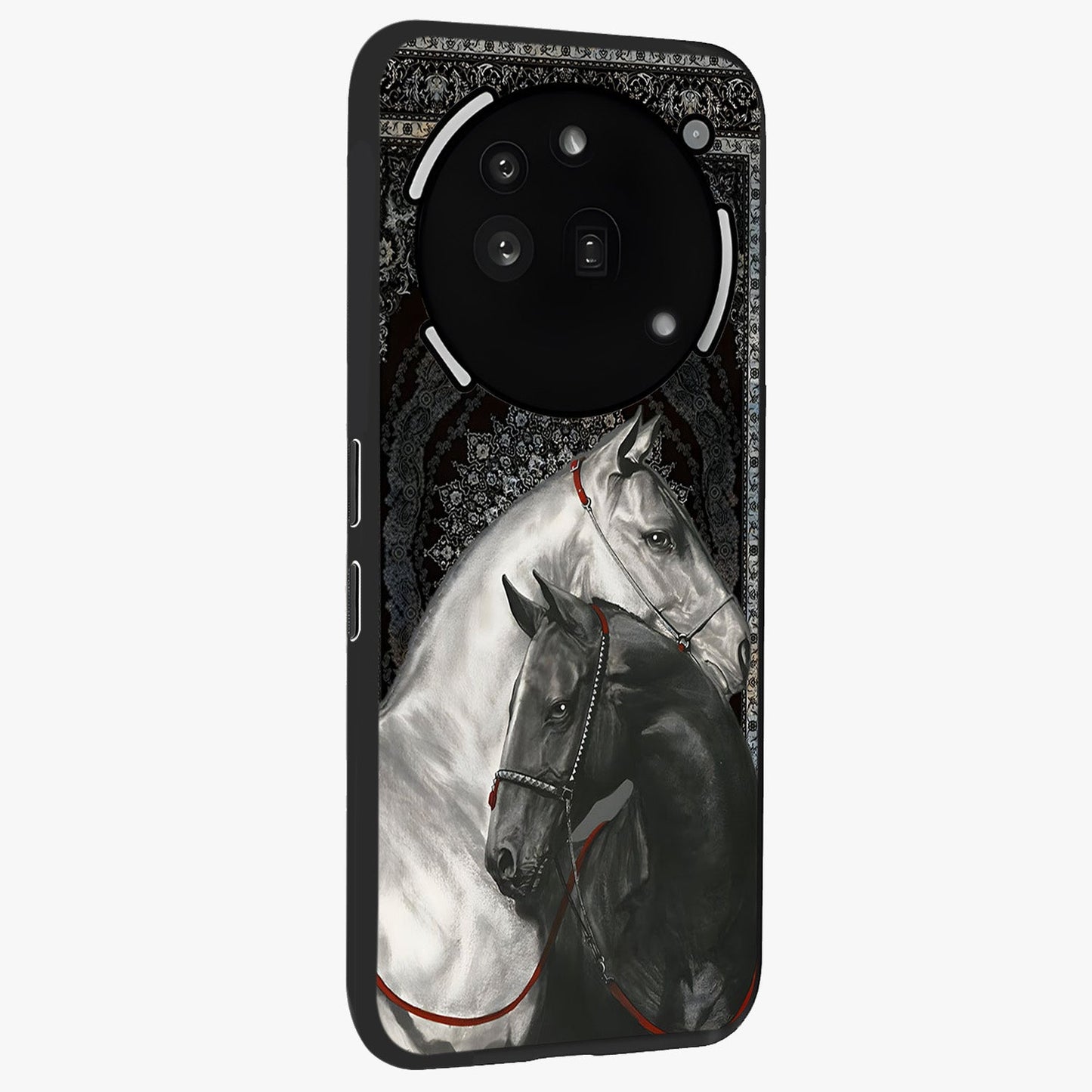 Majestic Ride Legacy Glass Case upright view showcasing dynamic ride inspired artwork with modern automotive theme.