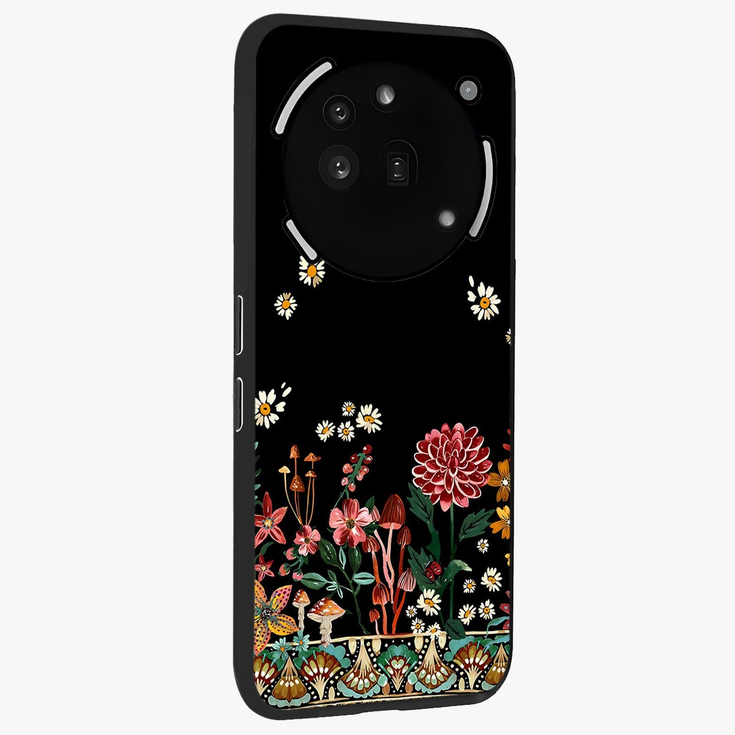 Midnight Bloom Pattern Glass Case upright view showcasing decorative floral artwork with deep night themed palette.