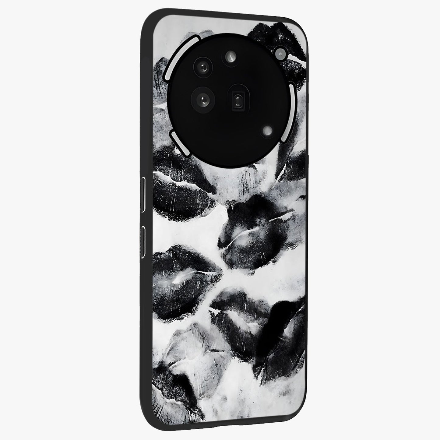 Midnight Kiss Marks Glass Case upright view showcasing stylish kiss mark artwork with trendy romantic theme.