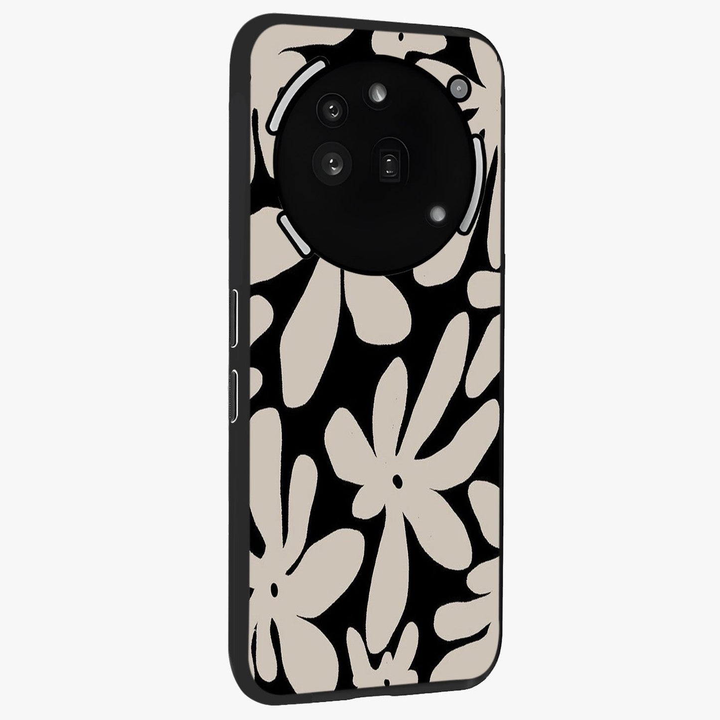 Monochrome Petal Dance Glass Case upright view showcasing artistic floral pattern with stylish monochrome theme.