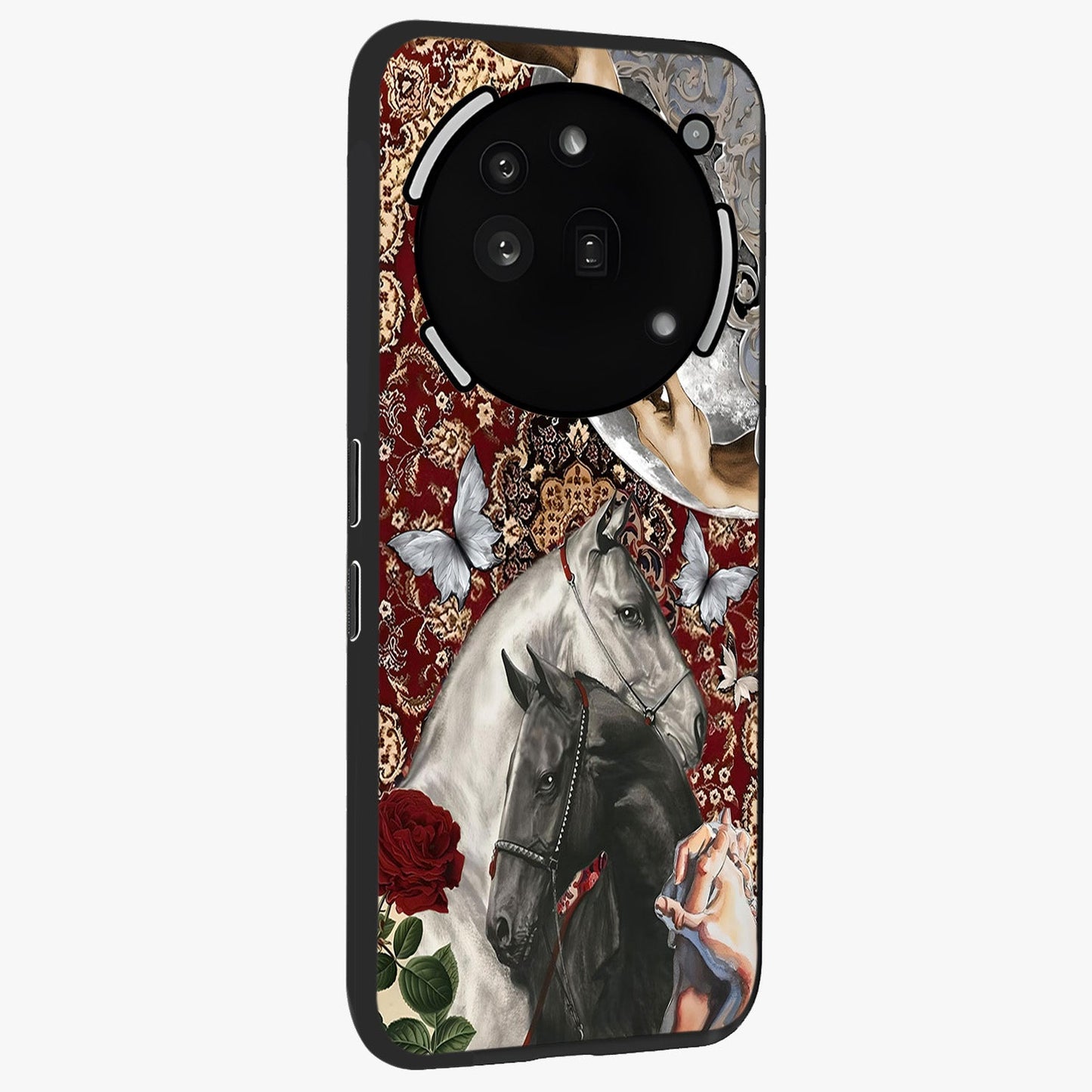 Moonlit Royal Stallion Glass Case upright view showcasing dramatic horse artwork with glowing moon themed design.