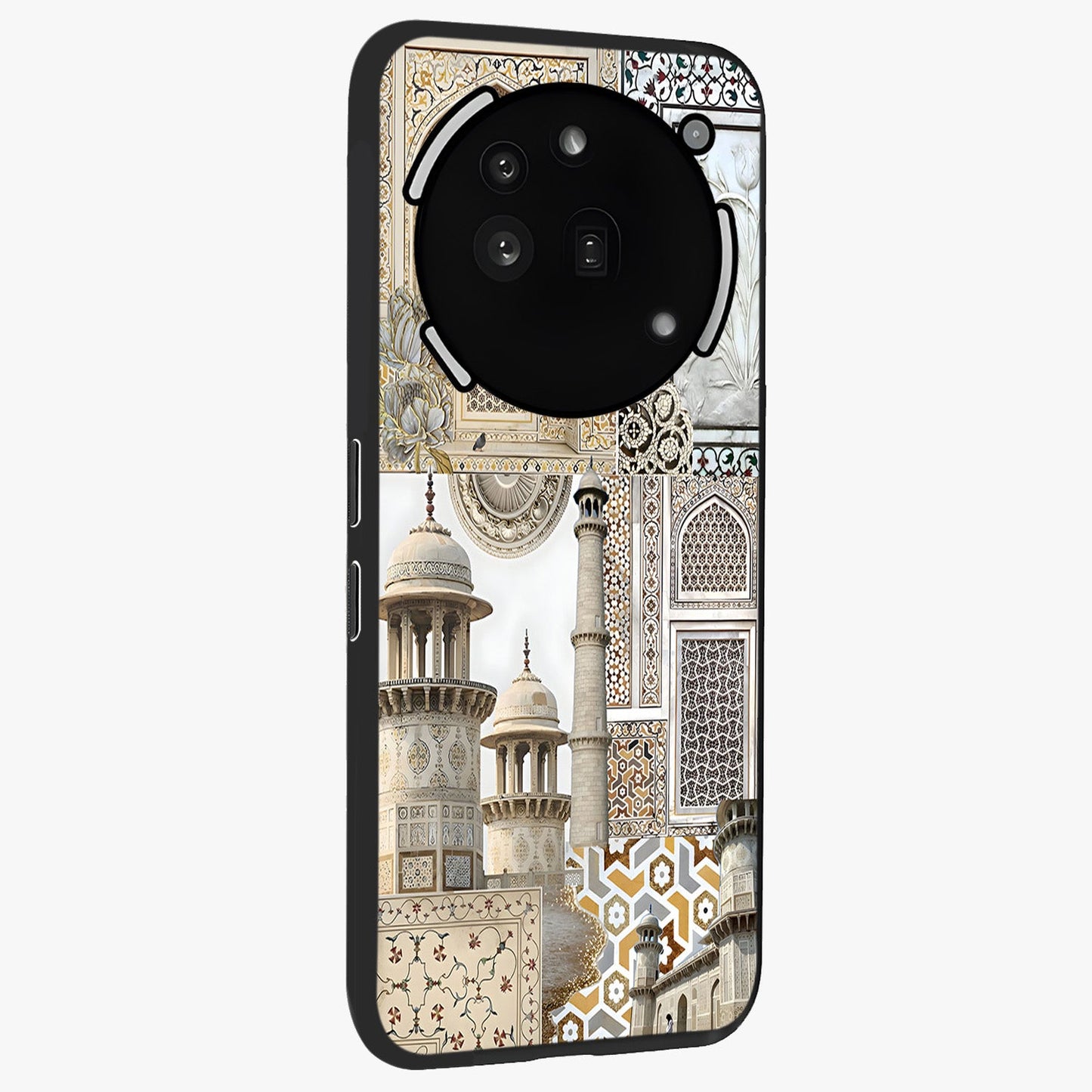 Mughal Marble Legacy Glass Case upright view showcasing ornate Mughal design with luxurious traditional theme.