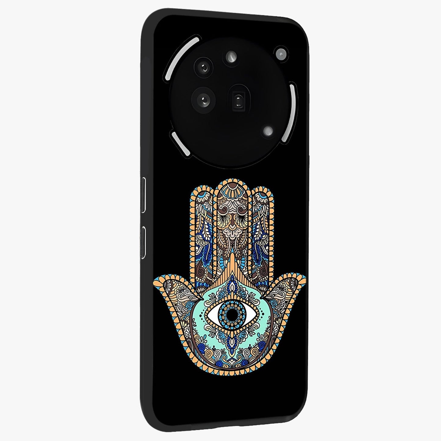 Mystic Hamsa Eye Glass Case upright view showcasing detailed hamsa eye artwork with protective spiritual theme.