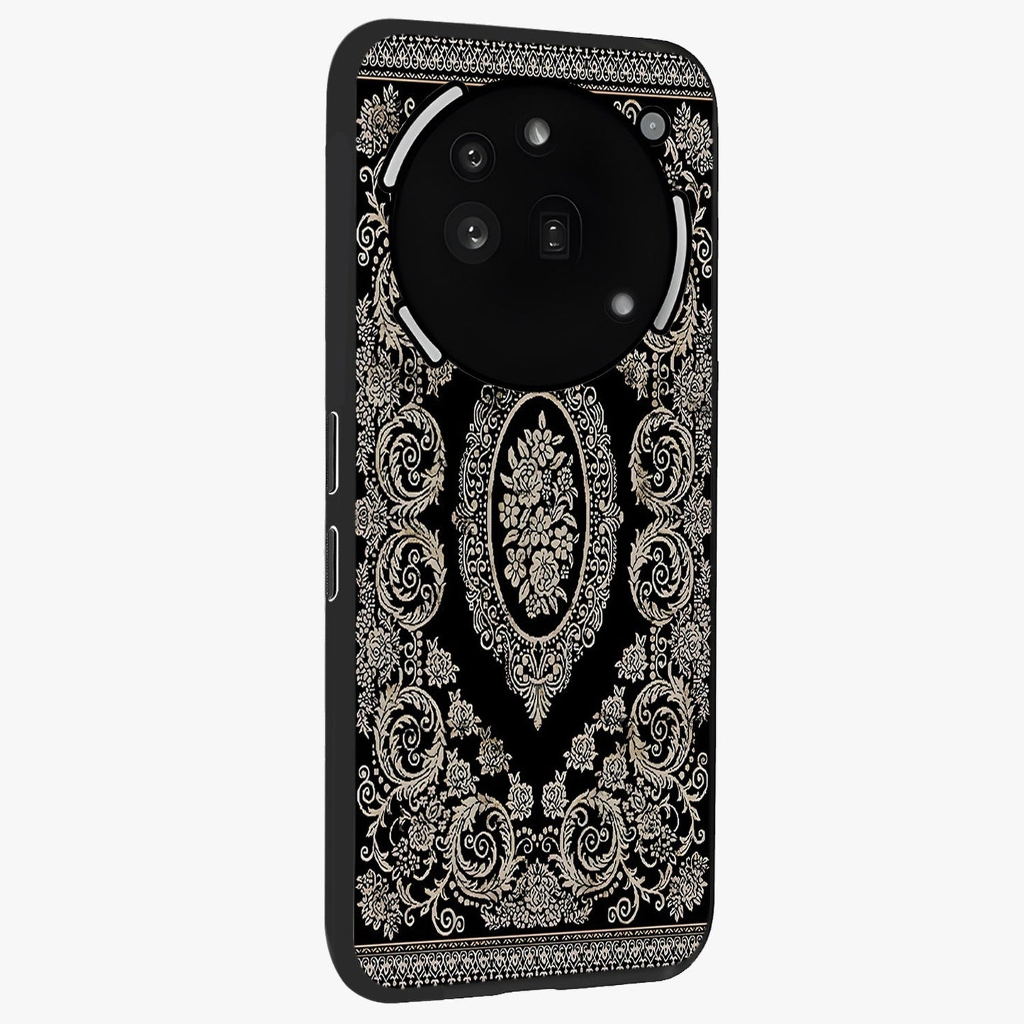 Noir Bloom Elegance Glass Case upright view showcasing graceful floral artwork with luxurious dark theme.