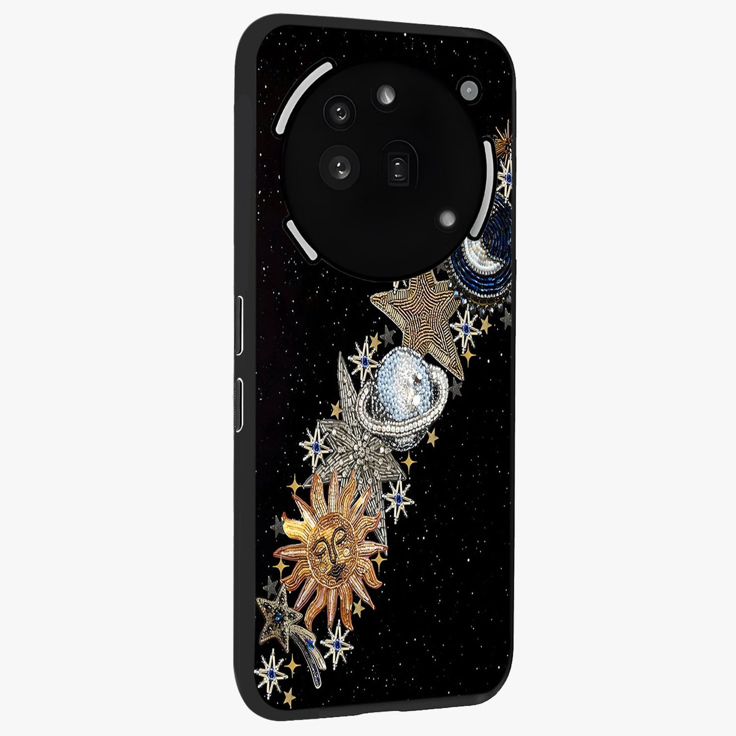 Pearls Universe Object Glass Case upright view showcasing decorative pearl themed artwork with cosmic elegance.