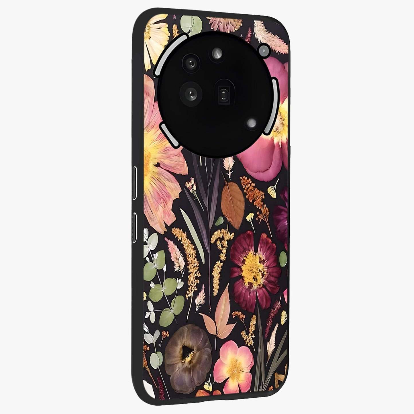 Petal Dream Tapestry Glass Case upright view showcasing detailed floral tapestry artwork with artistic nature theme.