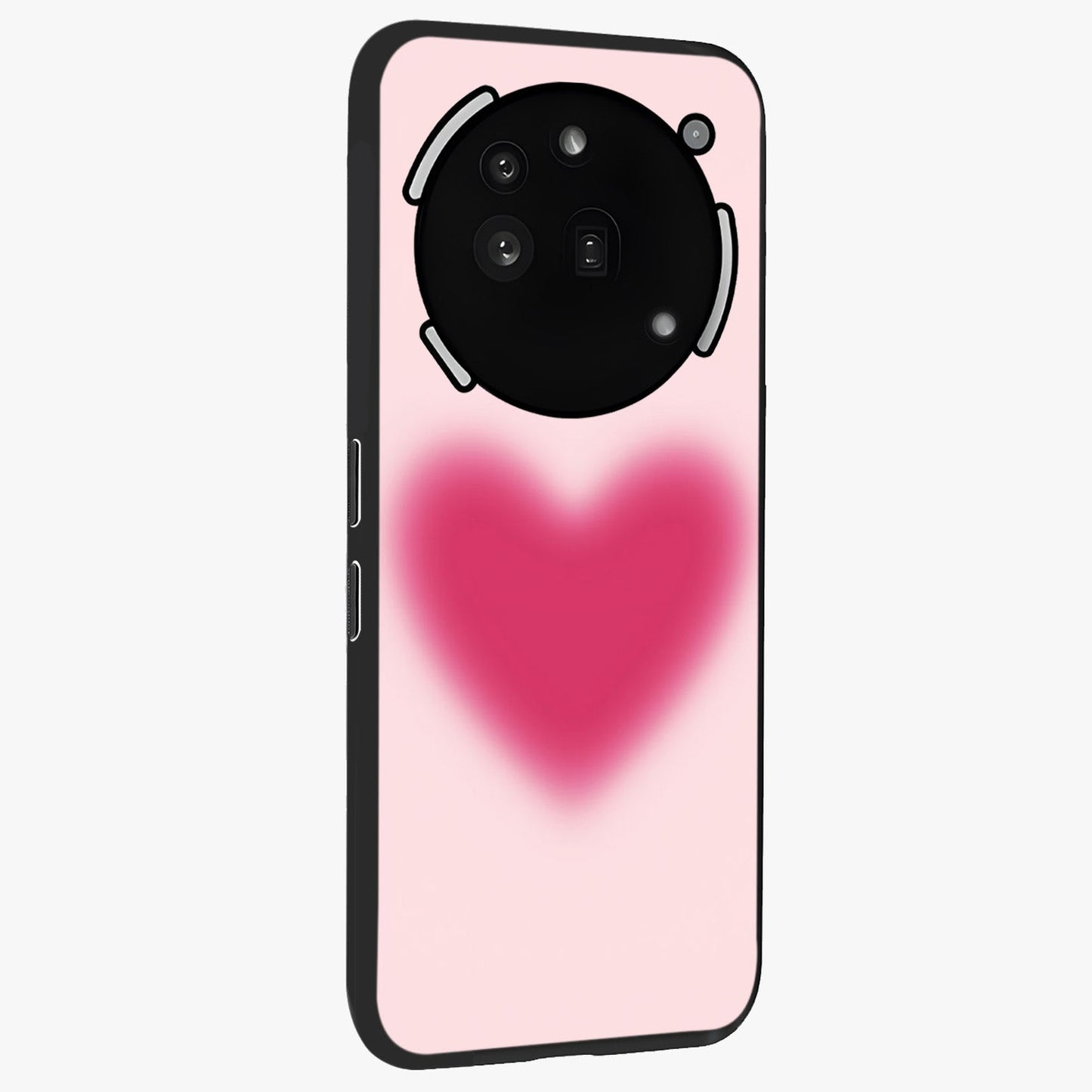 Pink Aura Heart Glass Case upright view showcasing romantic heart artwork with soft pastel theme.