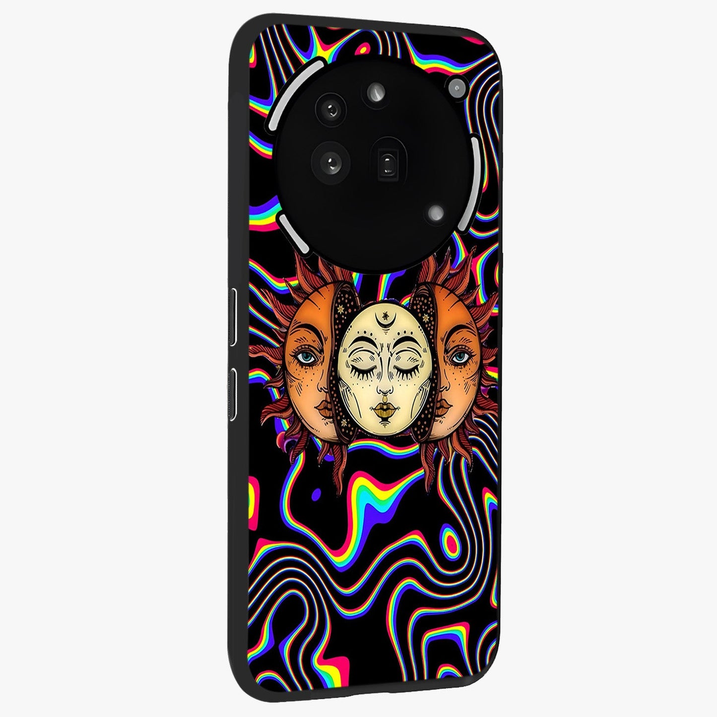 Psychedelic Sun Glass Case upright view showcasing trippy sun artwork with bold psychedelic theme.