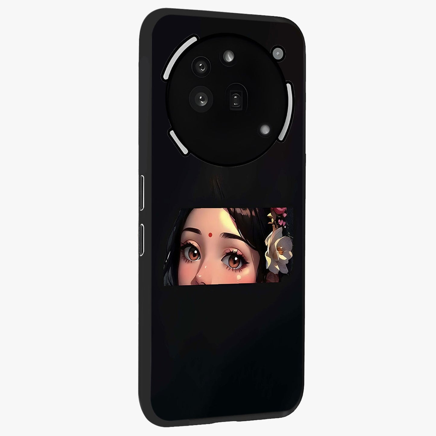 Radha Divine Embrace Glass Case upright view showcasing sacred Radha themed artwork with peaceful devotional style.