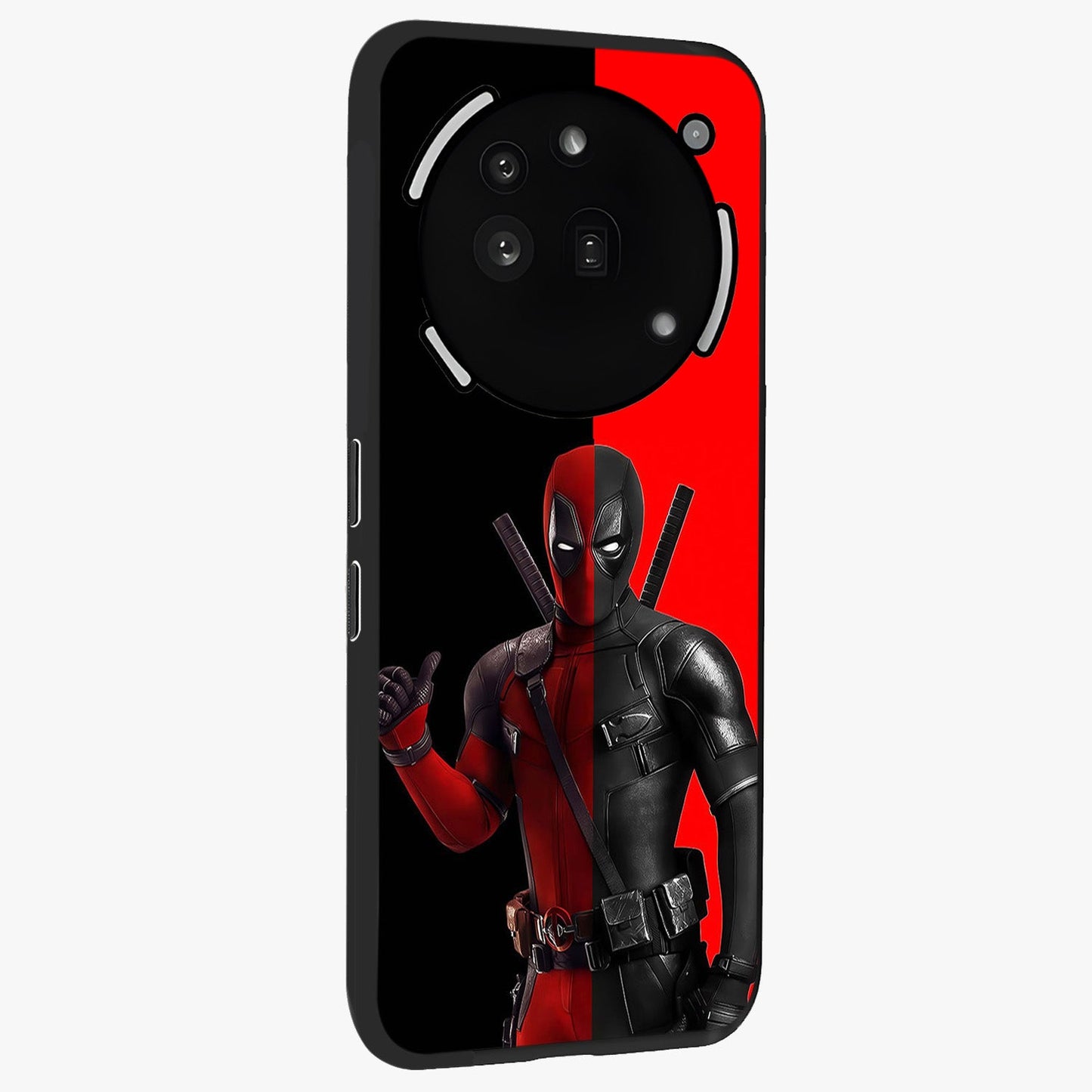 Red & Black Deadpool Theme Glass Case upright view showcasing energetic comic themed artwork with striking red and black design.