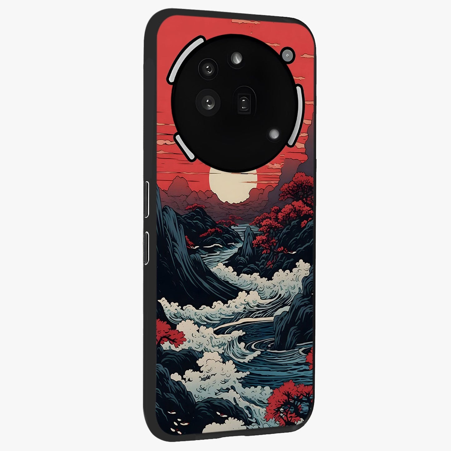 Red Sunset Scenery Glass Case upright view showcasing dramatic sunset scenery artwork with warm nature theme.