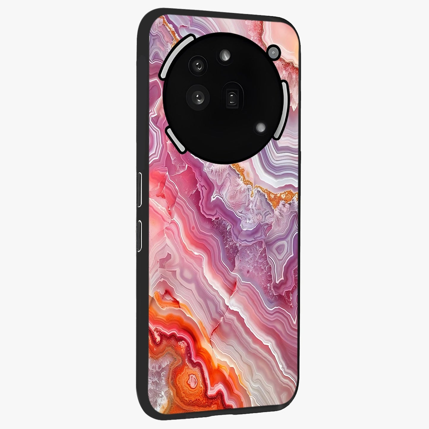 Rose Quartz Marble Glass Case upright view showcasing decorative marble artwork with luxurious pastel theme.