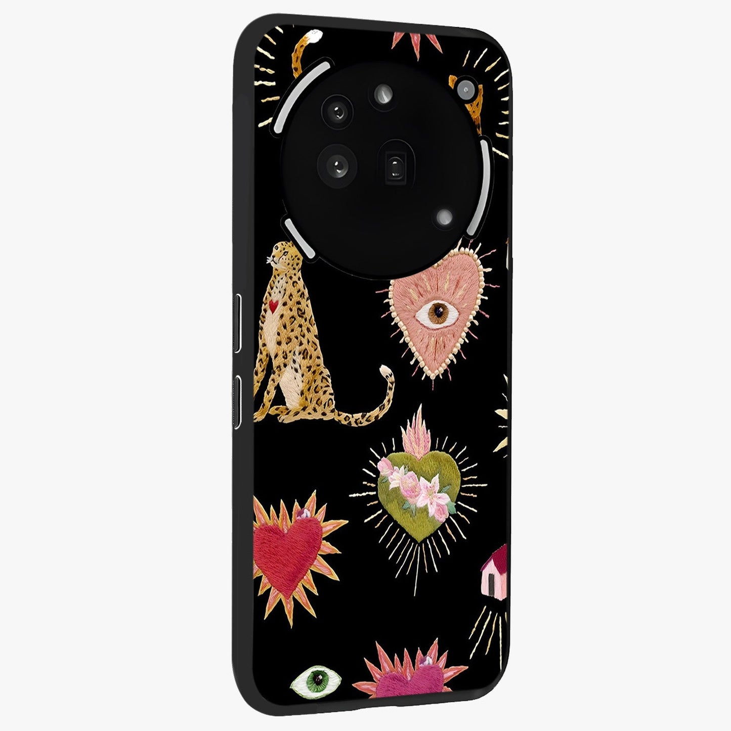 Sacred Jungle Heart Glass Case upright view showcasing vibrant jungle artwork with symbolic heart theme.