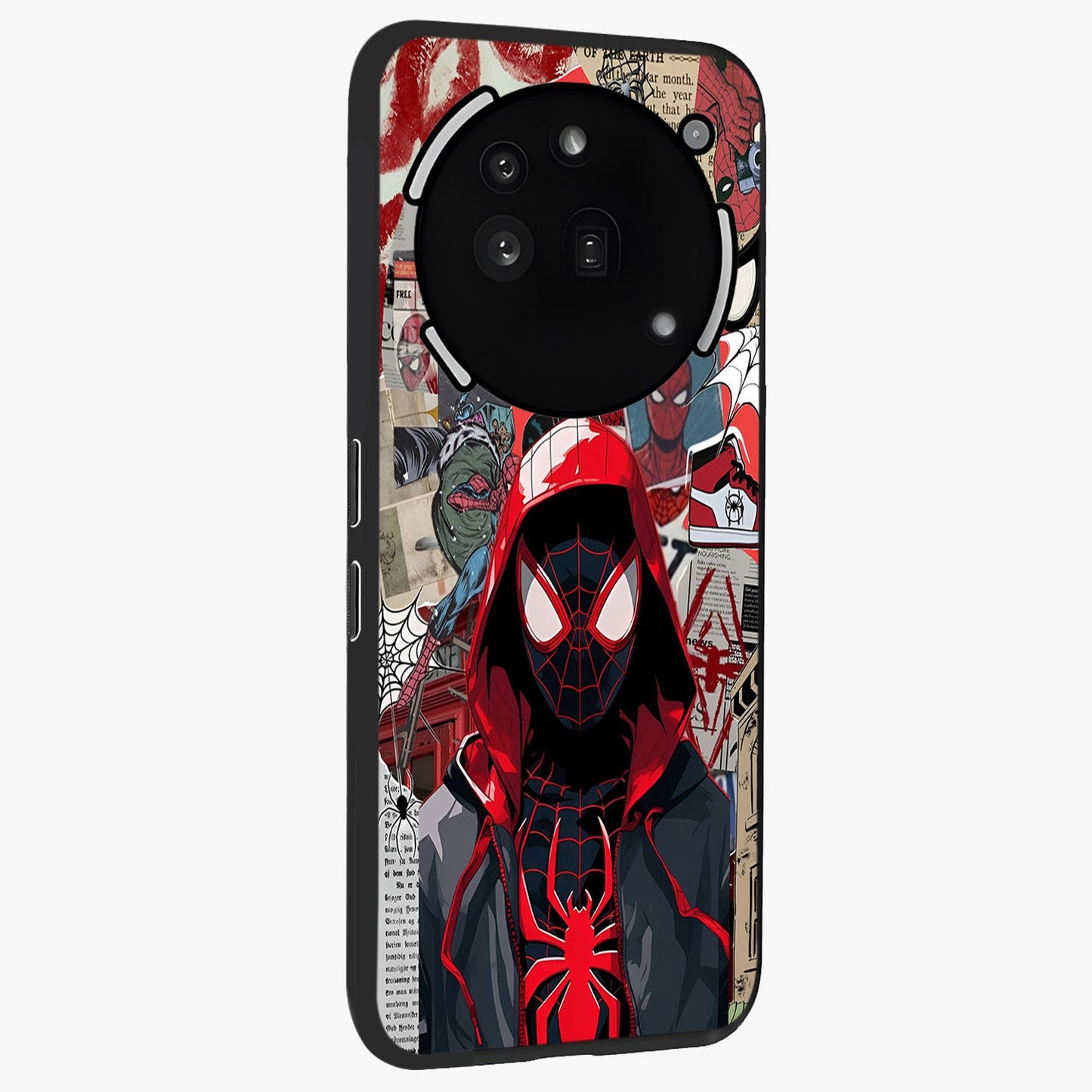Spider Collage Street Glass Case upright view showcasing bold superhero artwork with urban street theme.
