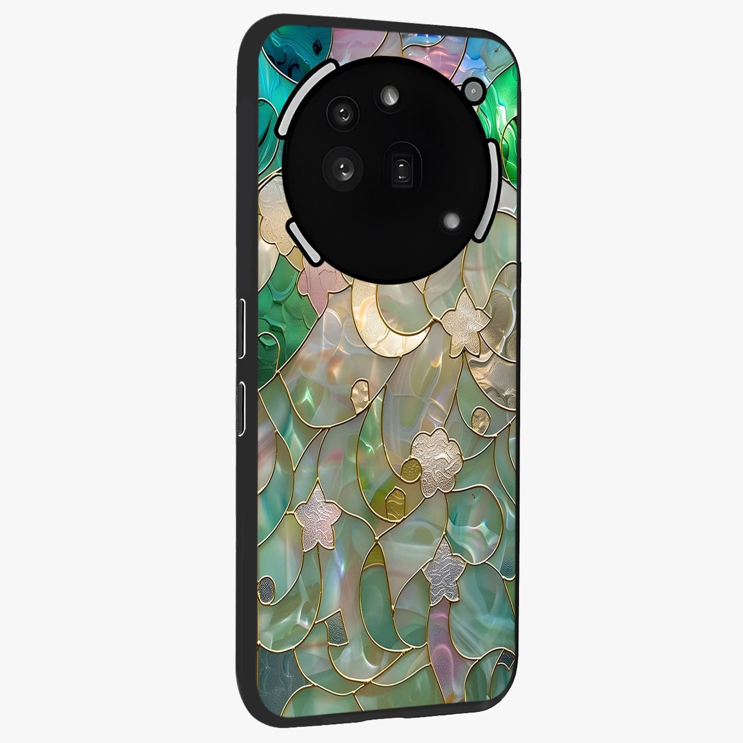 Stained Sunrise Glow Glass Case upright view showcasing colorful sunrise artwork with warm morning theme.