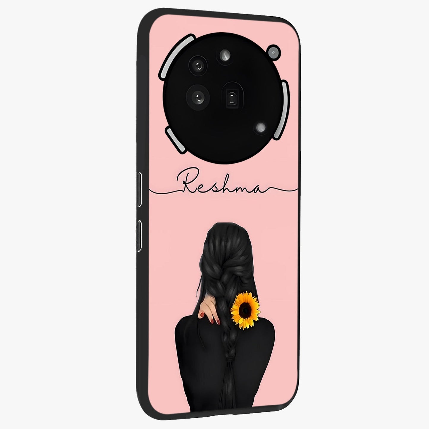 Sunflower Braid Beauty With Custom Name Glass Case upright view showcasing bright sunflower artwork with personalized floral aesthetic.