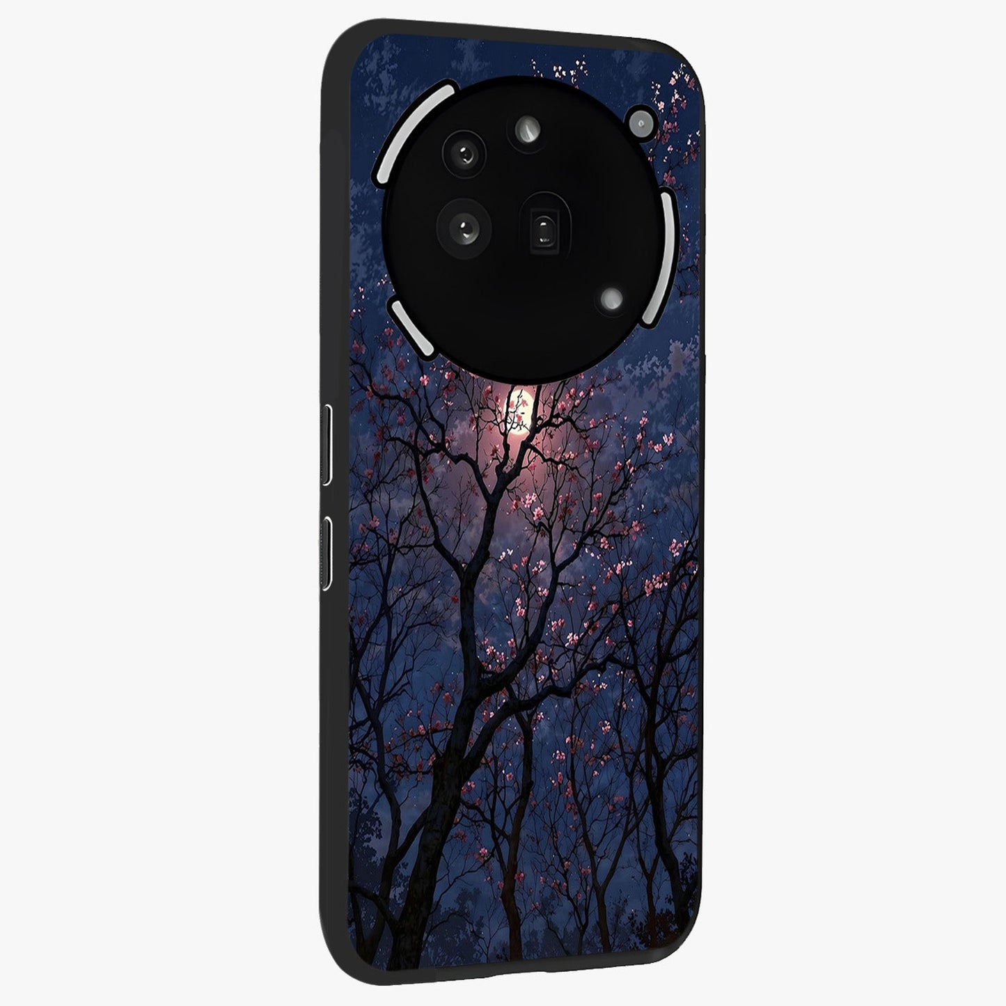 Twilight Sakura Serenade Glass Case upright view showcasing beautiful cherry blossom artwork with serene evening theme.