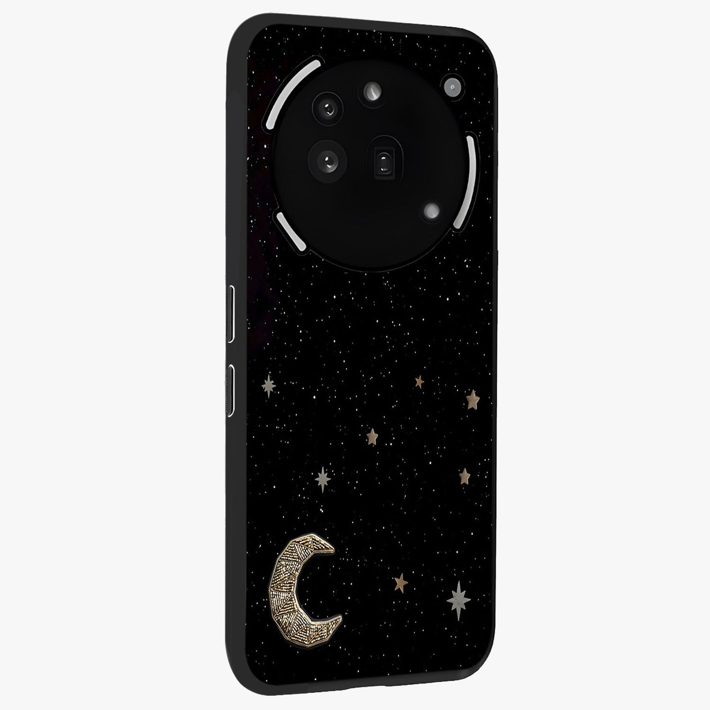 Twinkle Star With Half Moon Glass Case upright view showcasing glowing cosmic artwork with dreamy night theme.