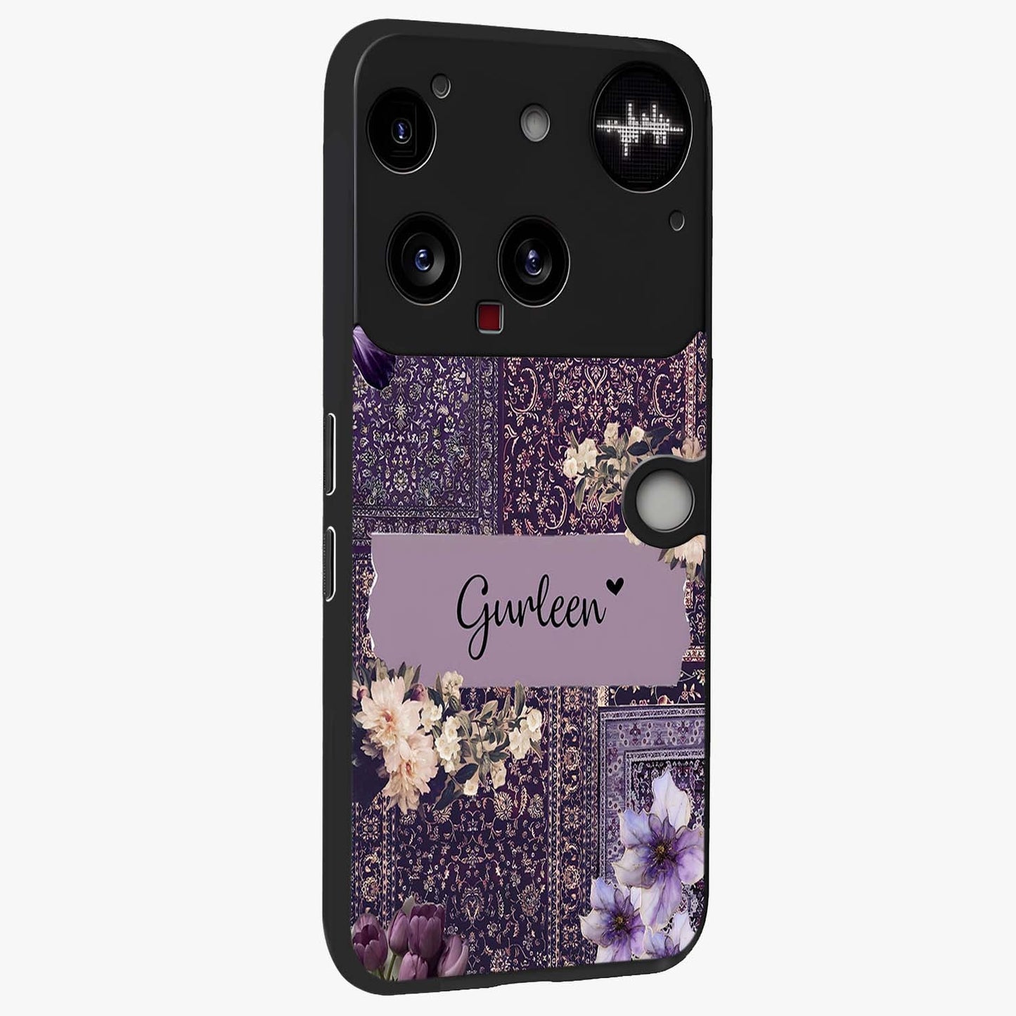 Antique Floral Whisper Custom Name Glass Case upright view showcasing delicate floral artwork with custom name feature.