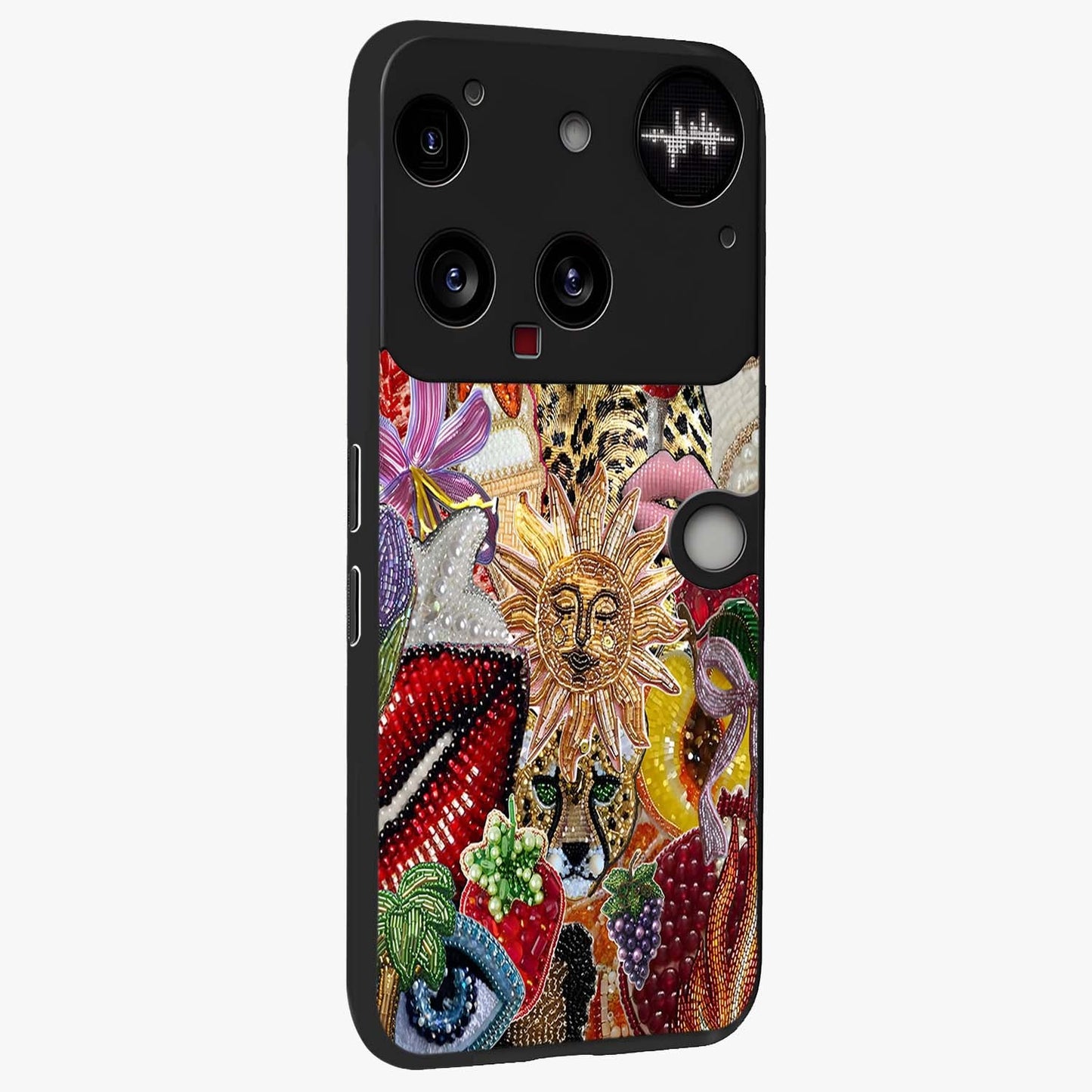 Beaded Fashion Jungle Glass Case upright view showcasing tropical jungle aesthetic with decorative bead elements.