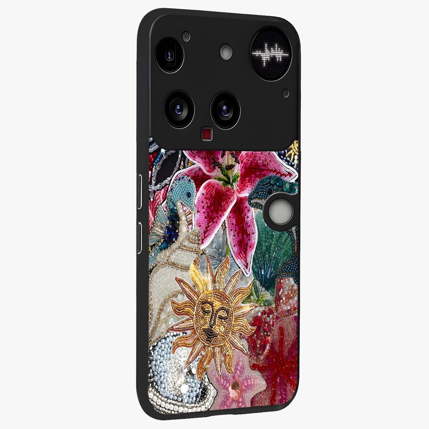 Beaded Garden Fantasy Glass Case upright view showcasing whimsical garden aesthetic with artistic bead details.