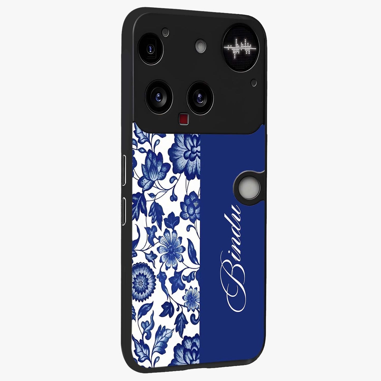 Blue Vintage Floral Pattern Glass Case upright view showcasing delicate blush floral texture with modern minimal style.