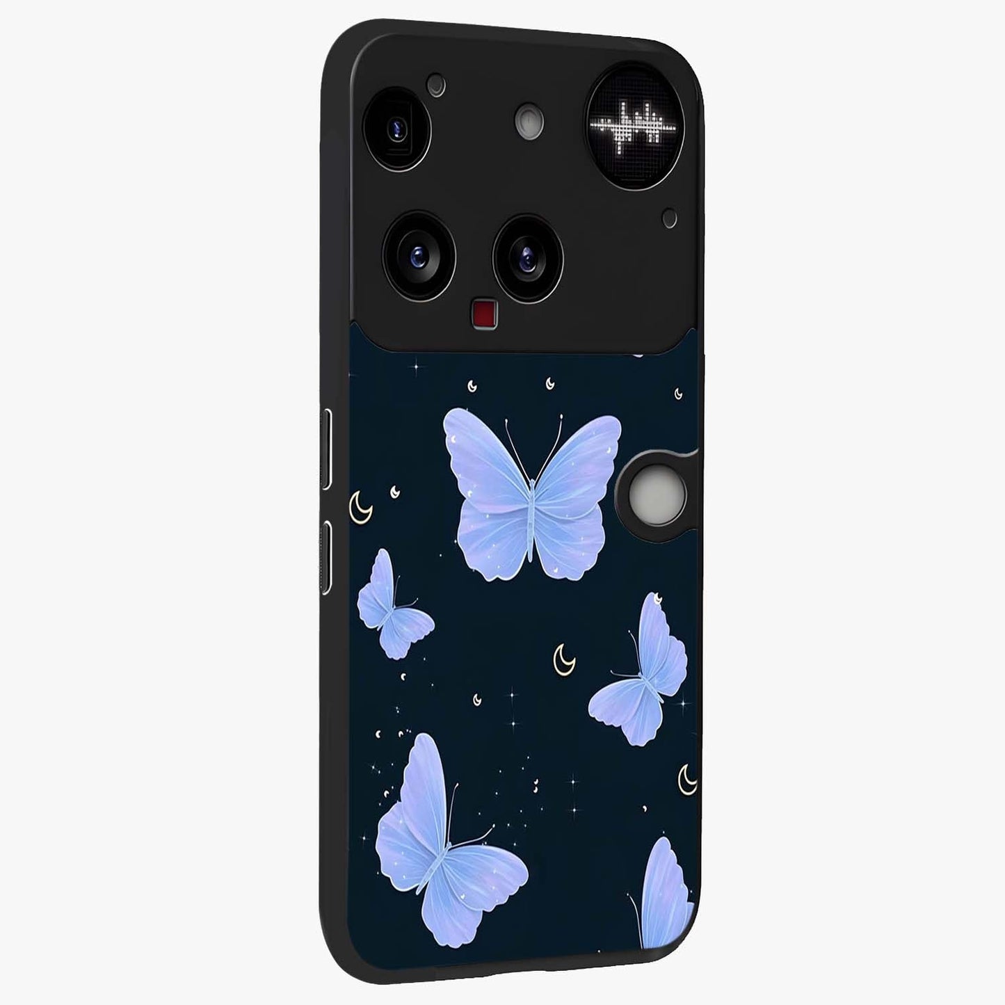 Butterfly With Stars Pattern Glass Case upright view showcasing celestial butterfly artwork with sparkling star elements.