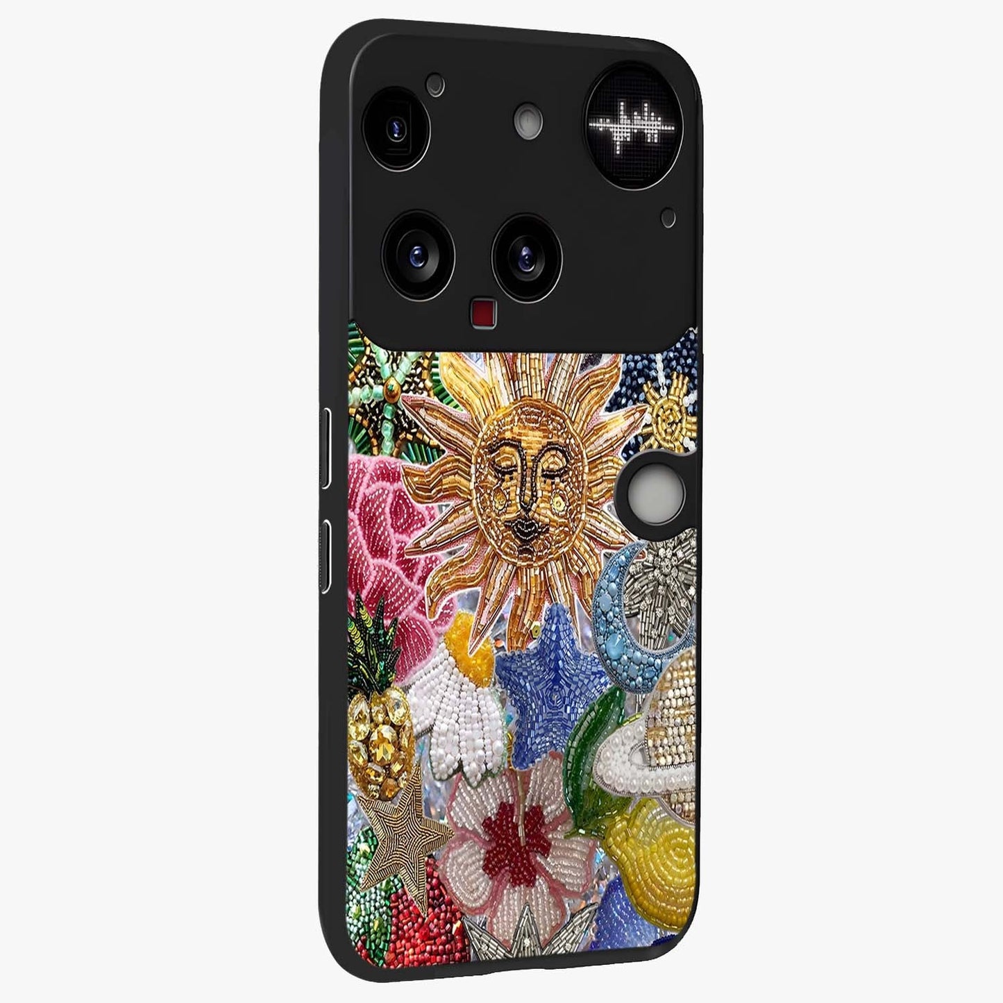 Celestial Floral and Playful Glass Case upright view showcasing whimsical floral artwork with cosmic aesthetic theme.