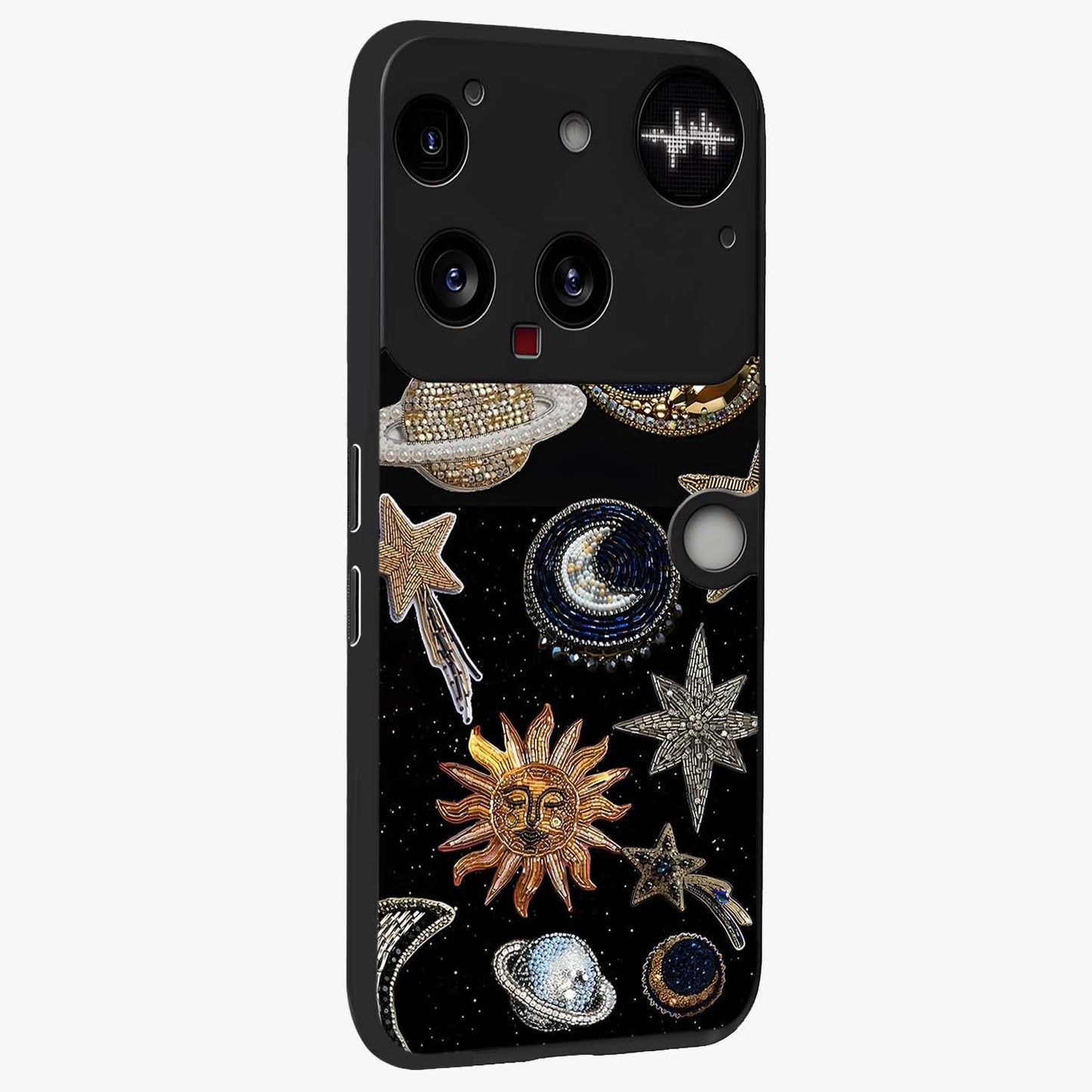 Celestial Gem Constellations Glass Case upright view showcasing cosmic constellation artwork with celestial aesthetic style.