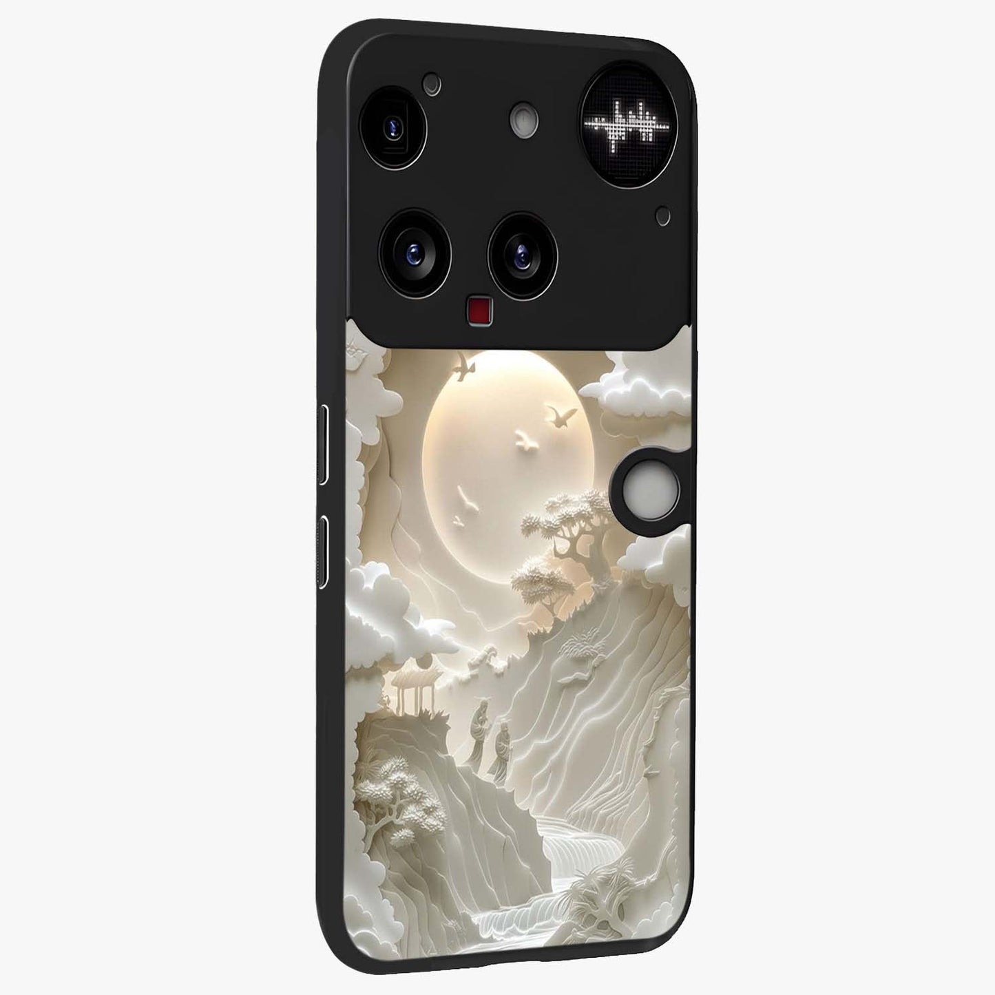 Celestial Origami Glass Case upright view showcasing creative origami artwork with modern celestial style.