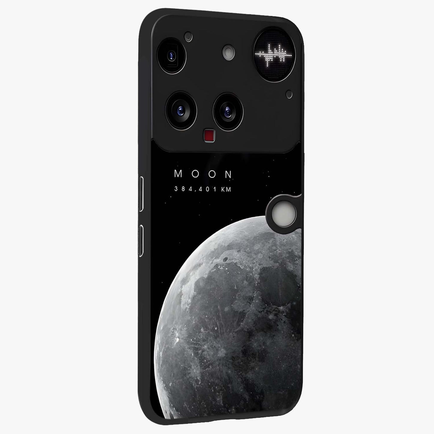 Cosmic Moon Glow Glass Case upright view showcasing luminous moon illustration with dreamy cosmic style.