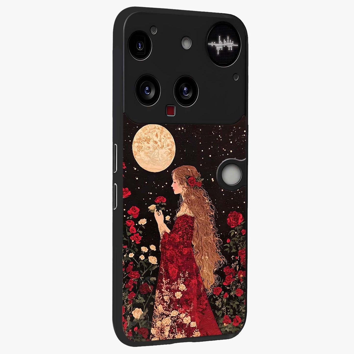Crimson Dreams Glass Case upright view showcasing dreamy red toned artwork with modern aesthetic style.