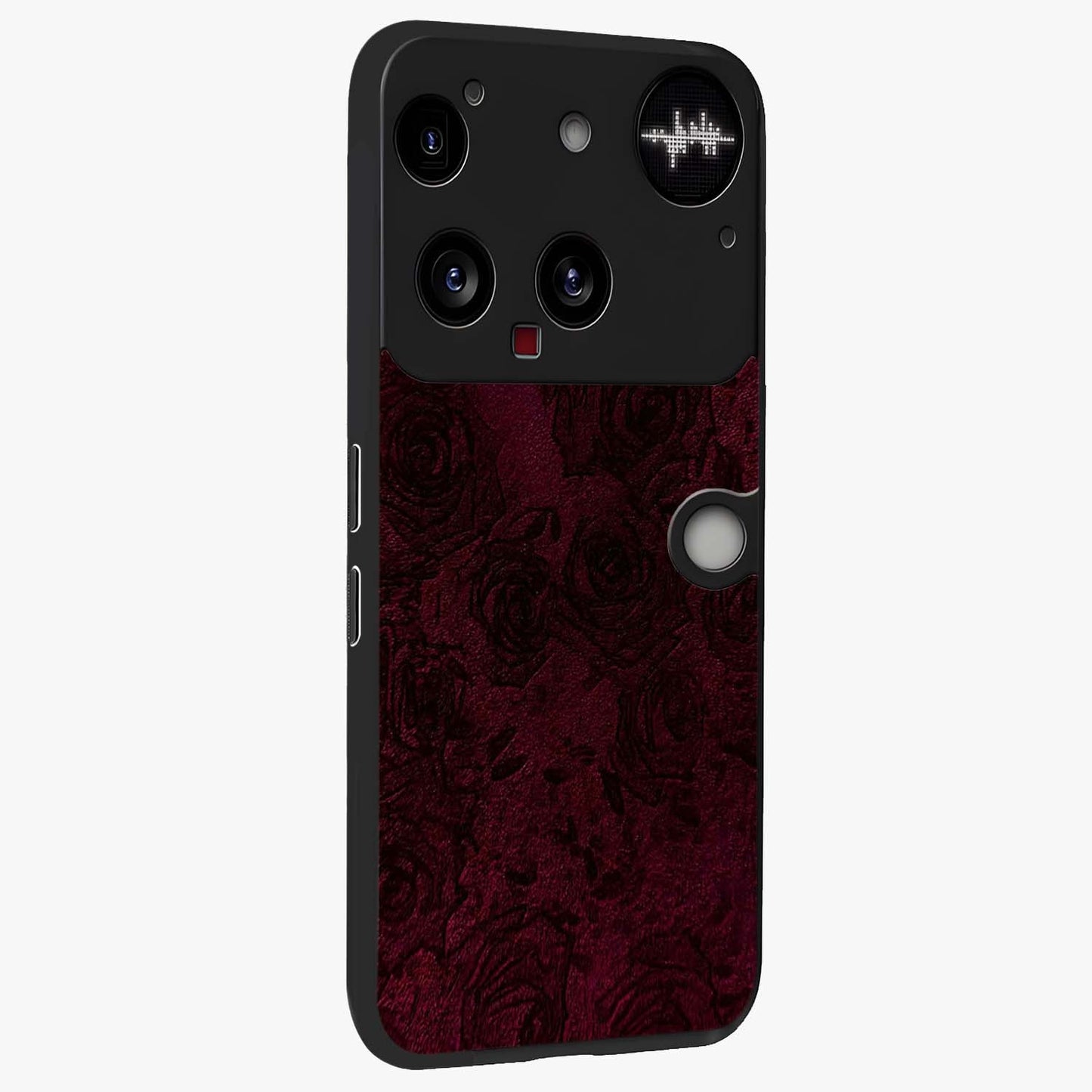 Crimson Fade Flow Glass Case upright view showcasing dynamic crimson flow artwork with stylish abstract theme.
