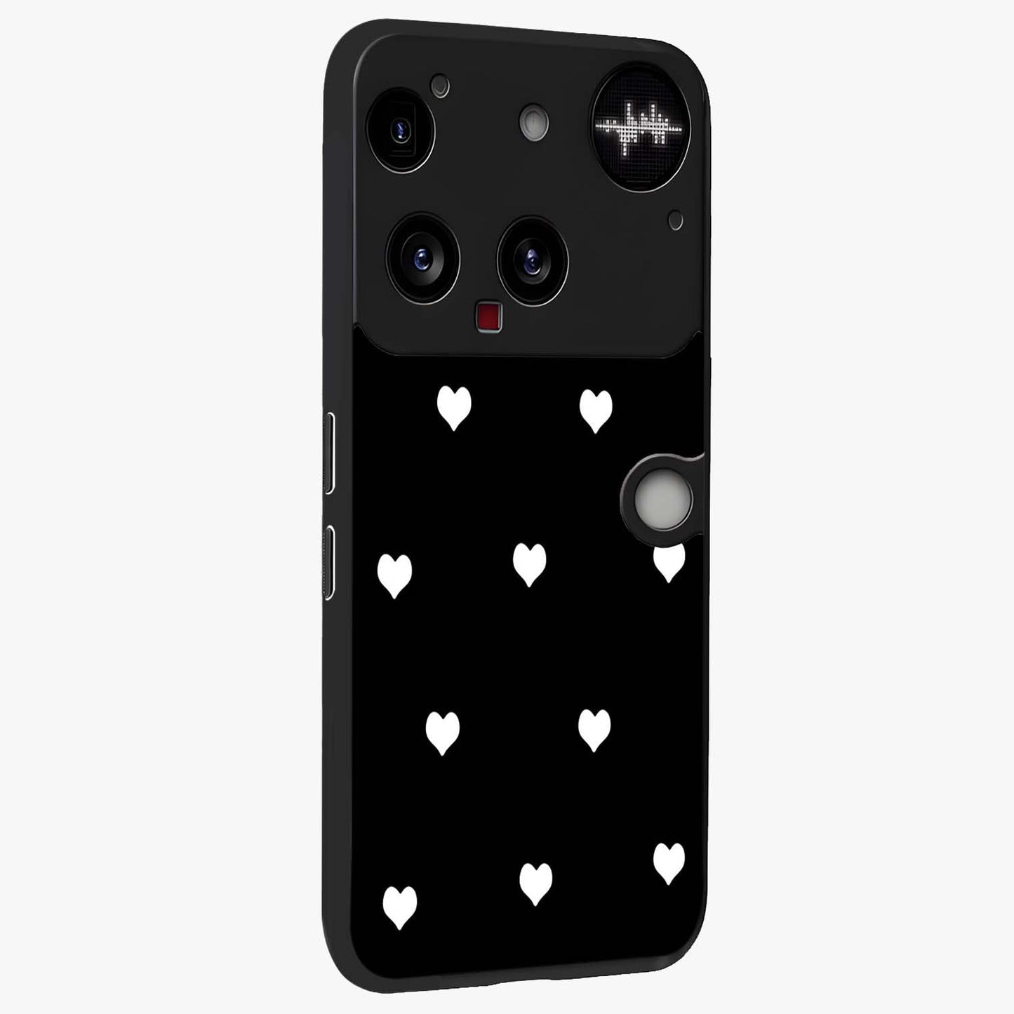 Cute And Simple White Hearts Glass Case upright view showcasing simple white hearts artwork with soft minimal theme.