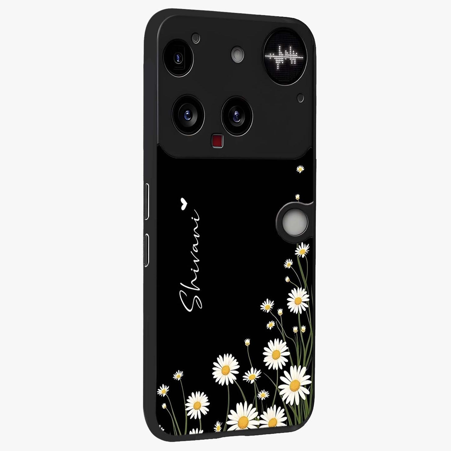 Daisy Cascade Custom Name Glass Case upright view showcasing elegant floral cascade design with personalized aesthetic.
