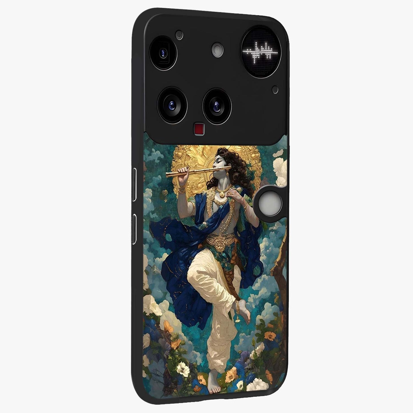 Divine Krishna Art Glass Case upright view showcasing divine Krishna artwork with sacred artistic theme.