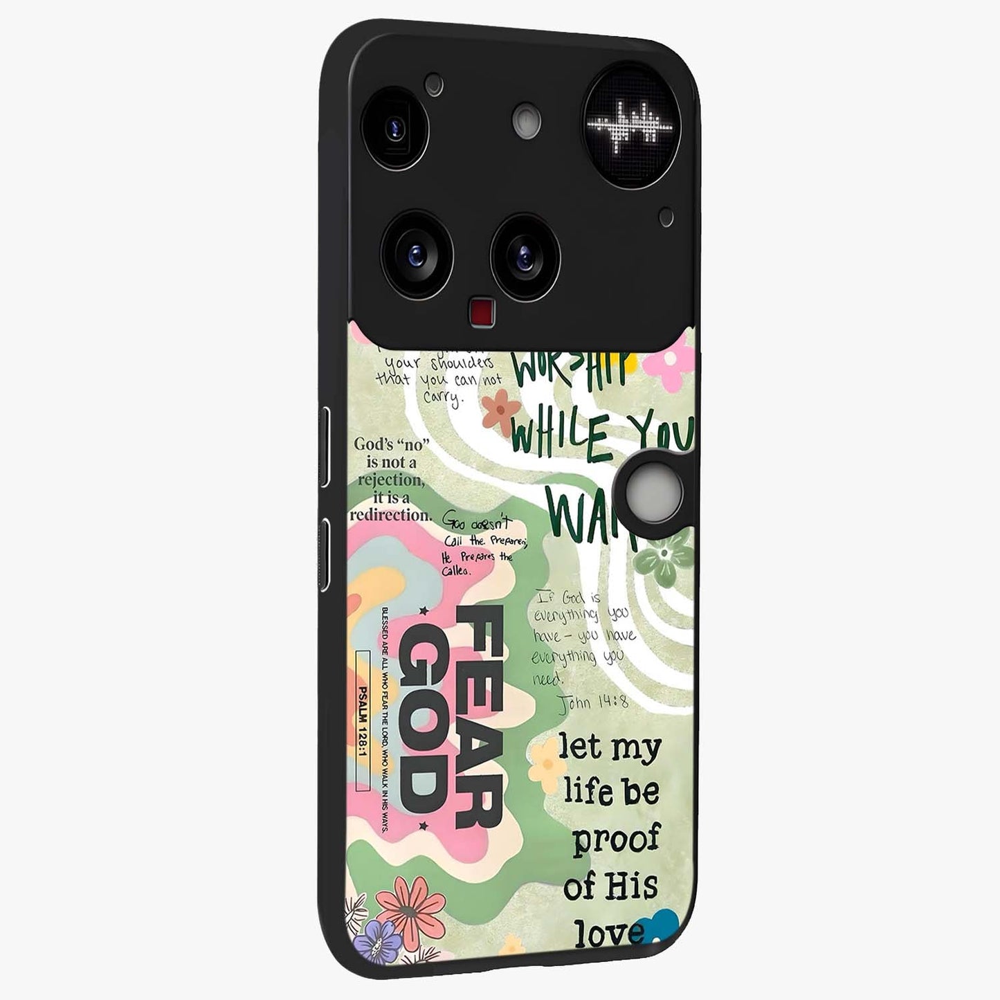Faith Over Fear Glass Case upright view showcasing bold typography artwork with uplifting motivational theme.