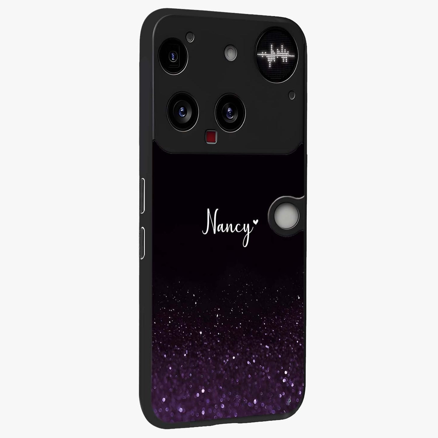Glittery Purple Bokeh Custom Name Glass Case upright view showcasing vibrant purple sparkle artwork with personalized aesthetic style.