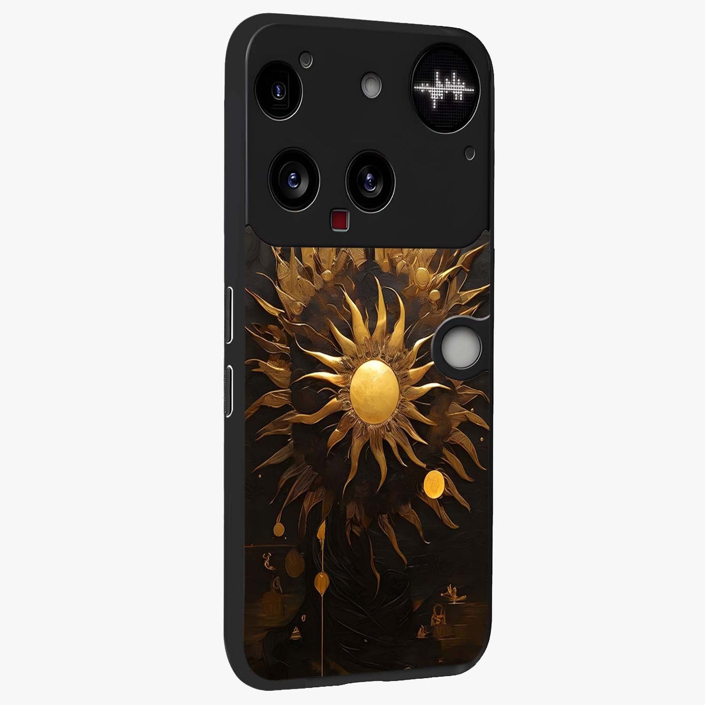 Golden Sun Majesty Glass Case upright view showcasing haunting graveyard artwork with dramatic dark theme.