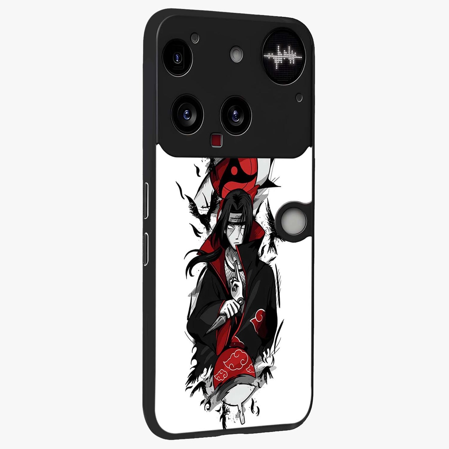 Itachi Limited Edition Naruto Anime Glass Case upright view showcasing intense anime artwork with powerful character theme.