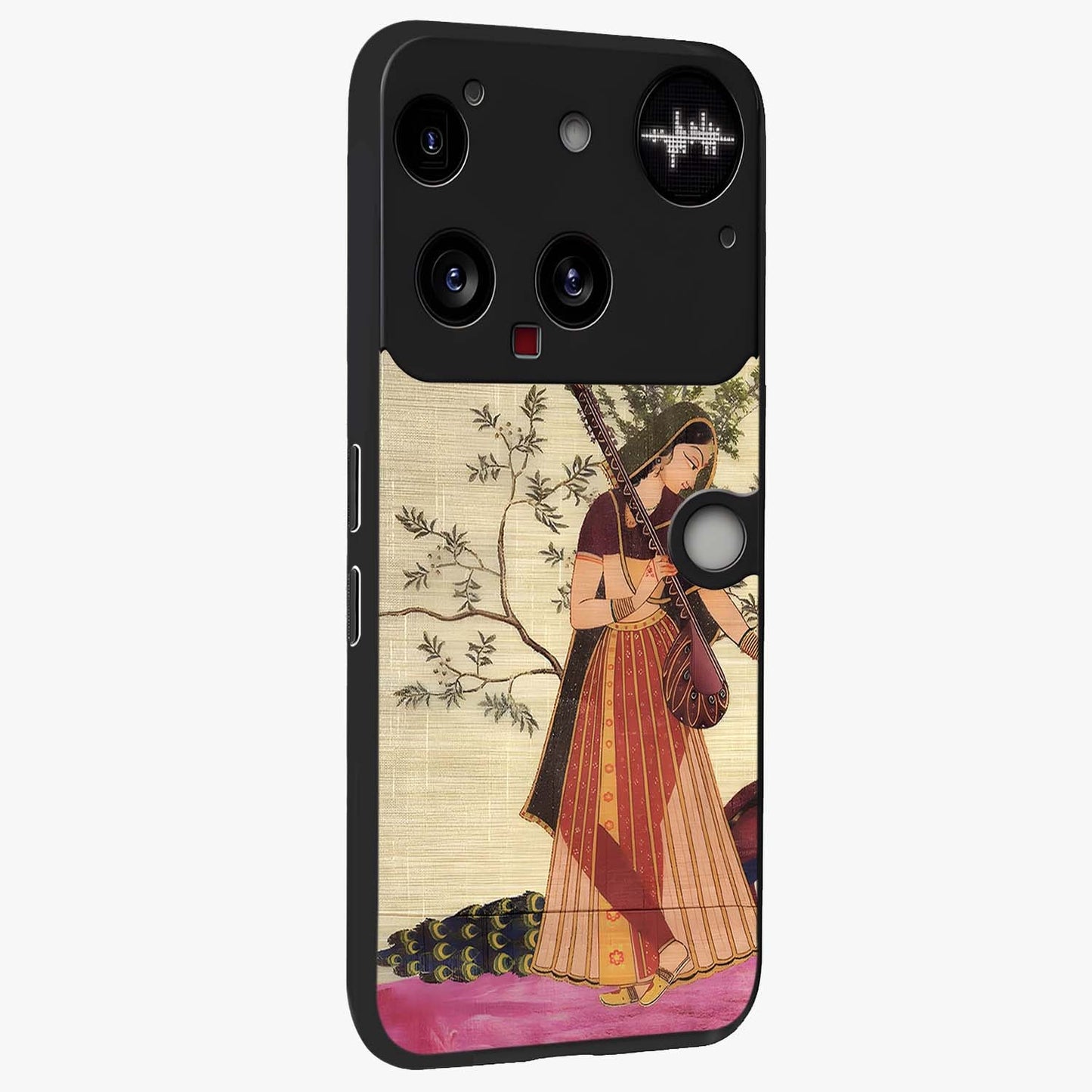 Lady With Veena Art Glass Case upright view showcasing classical veena artwork with traditional artistic theme.