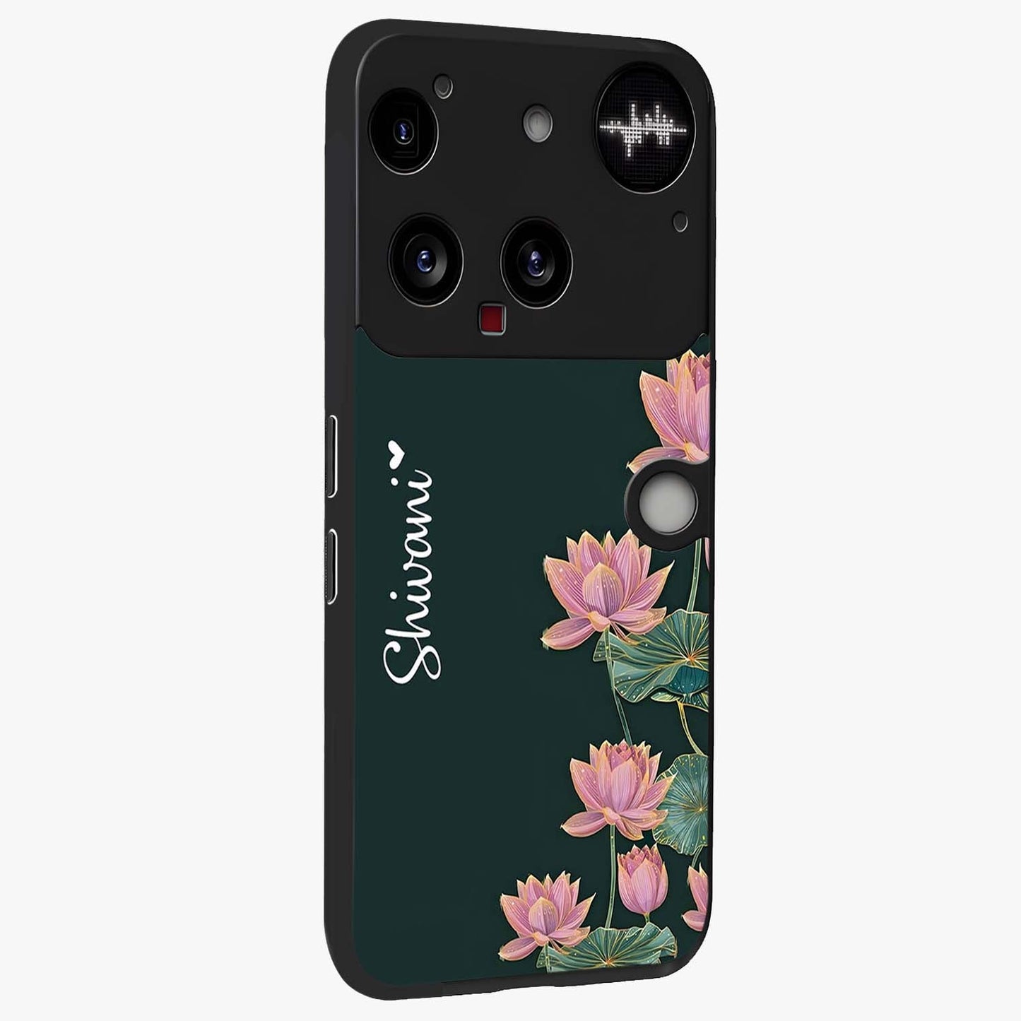 Lotus Bloom Serenity Custom Name Glass Case upright view showcasing serene lotus bloom artwork with personalized floral aesthetic.