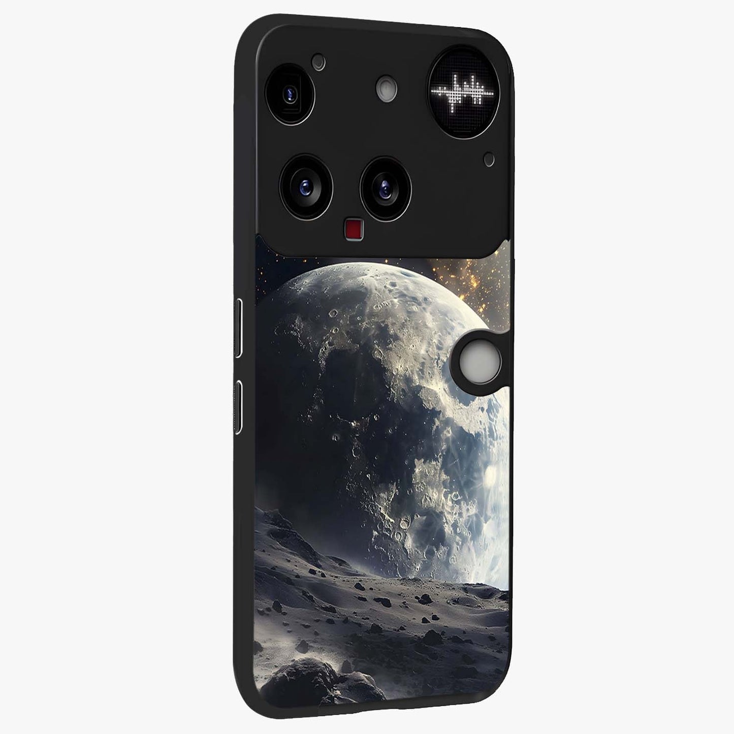 Lunar Horizon Glow Glass Case upright view showcasing radiant lunar artwork with calm cosmic theme.