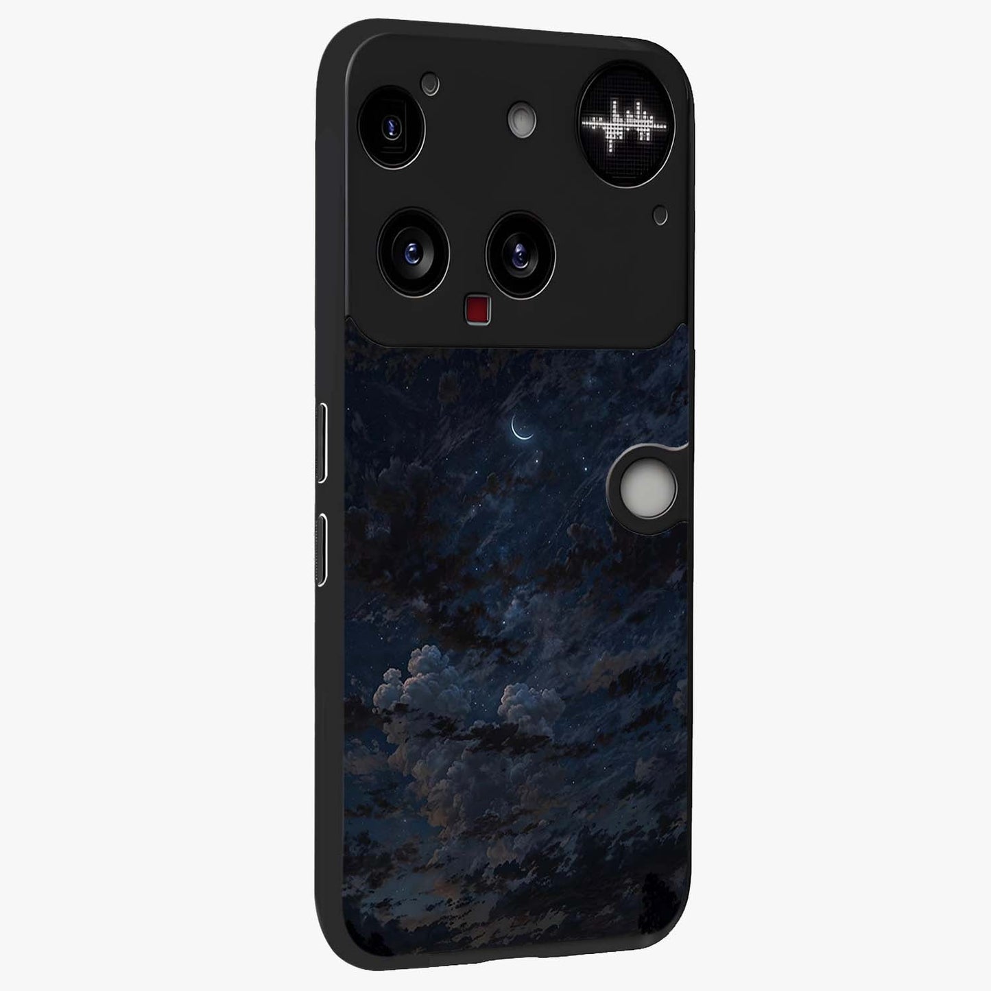 Lunar Veil Silence Glass Case upright view showcasing calm moon themed artwork with serene night atmosphere.