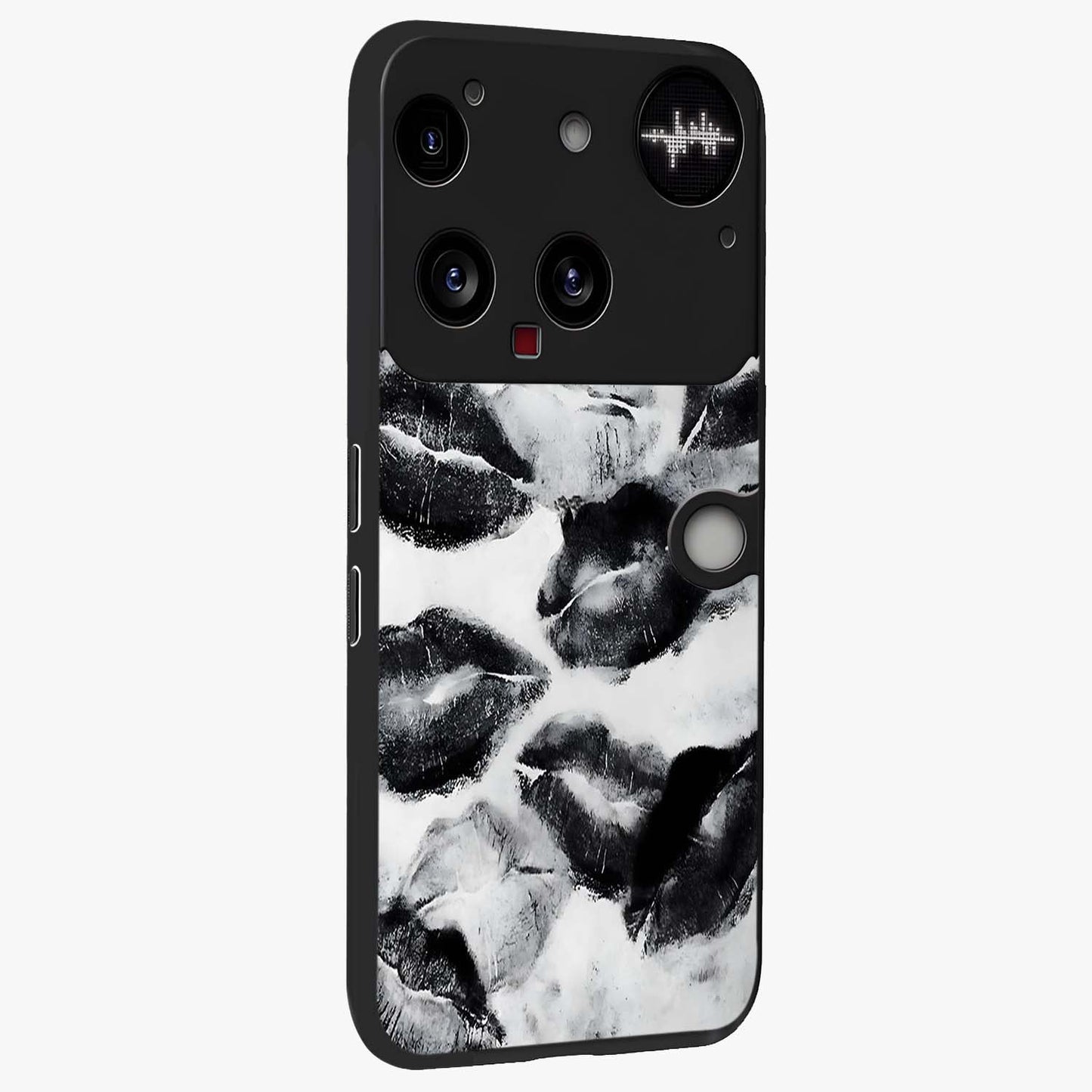 Midnight Kiss Marks Glass Case upright view showcasing stylish kiss mark artwork with trendy romantic theme.