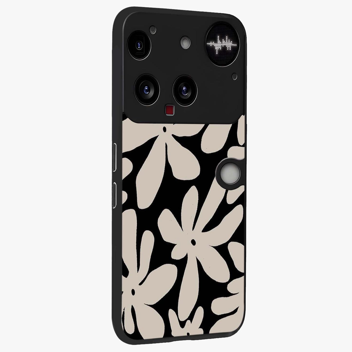 Monochrome Petal Dance Glass Case upright view showcasing artistic floral pattern with stylish monochrome theme.