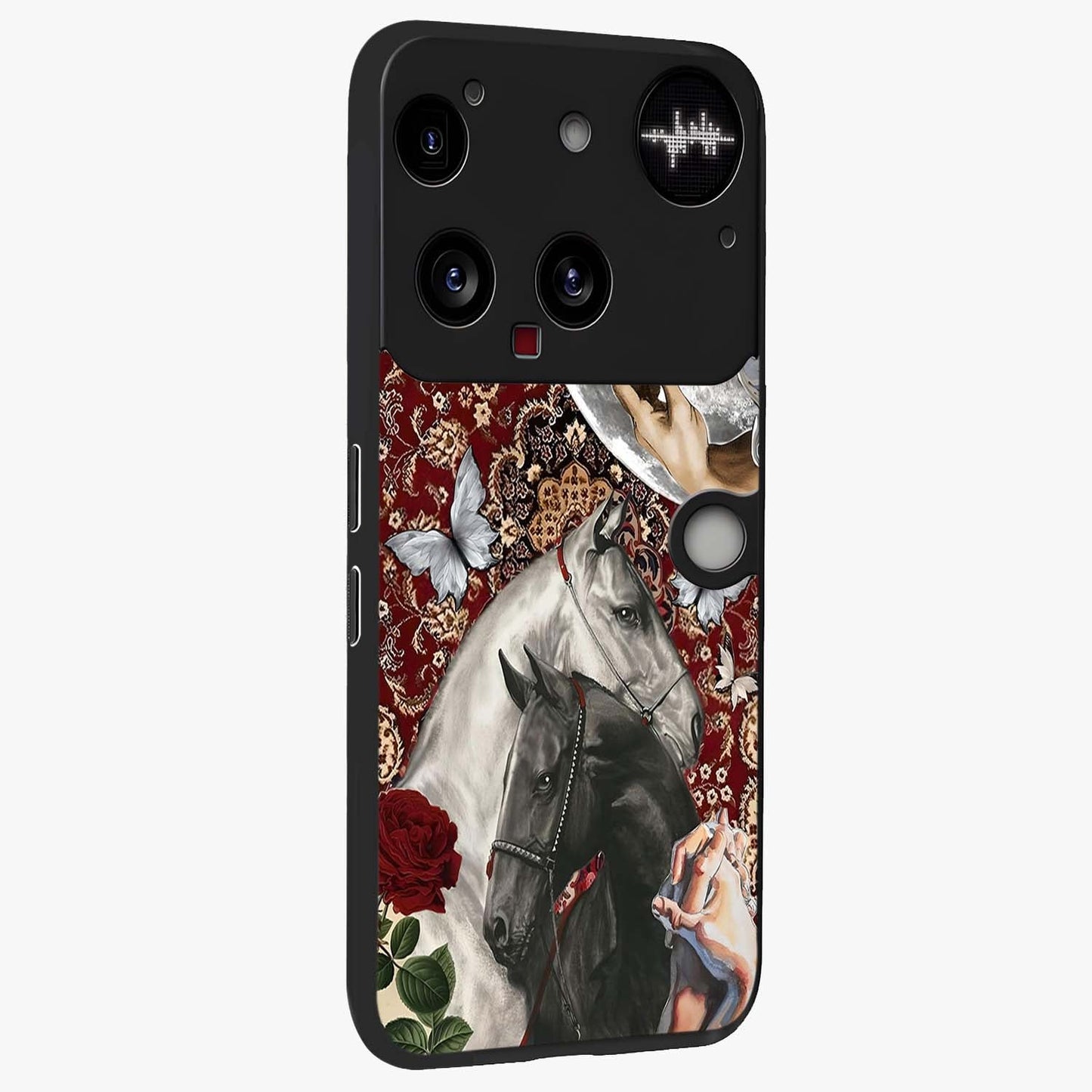 Moonlit Royal Stallion Glass Case upright view showcasing dramatic horse artwork with glowing moon themed design.