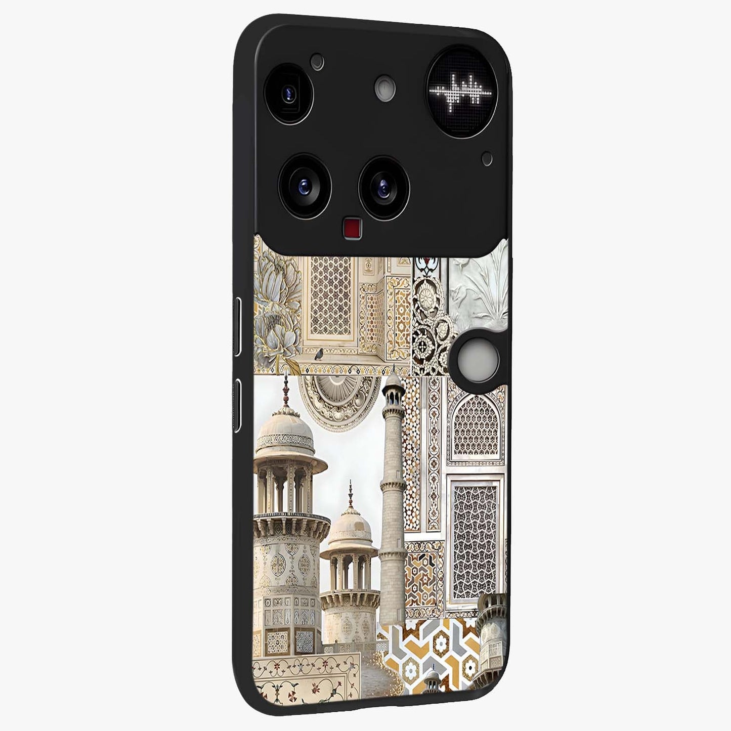 Mughal Marble Legacy Glass Case upright view showcasing ornate Mughal design with luxurious traditional theme.