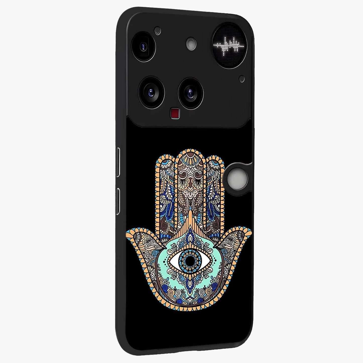 Mystic Hamsa Eye Glass Case upright view showcasing detailed hamsa eye artwork with protective spiritual theme.